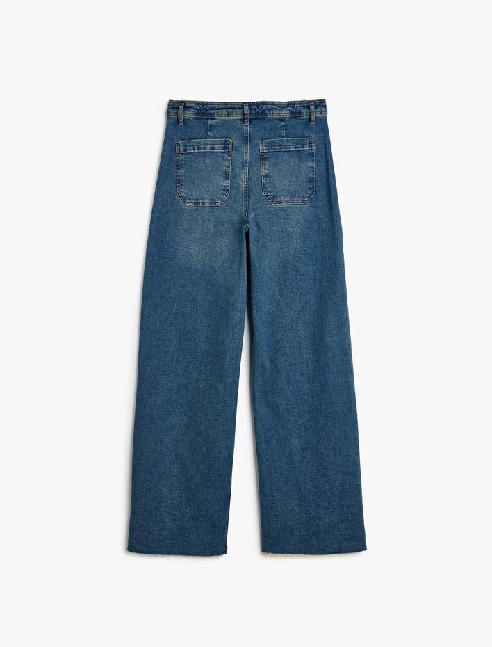 Geniş Paça Denim Pantolon Düğmeli Cepli Pamuklu - Wide Leg Jeans