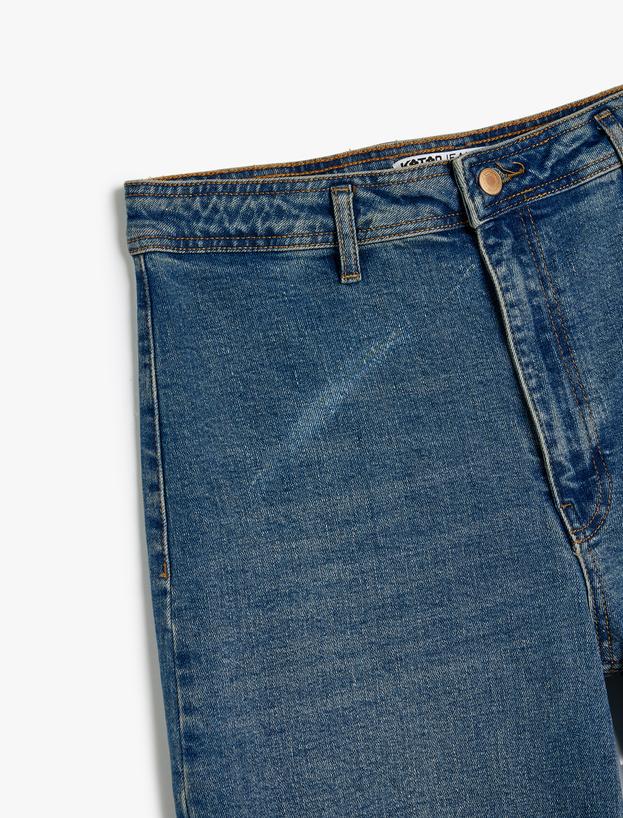 Geniş Paça Kot Pantolon Standart Bel Dar Kalıp Düğmeli Cepli Pamuklu - Wide Leg Jeans_2