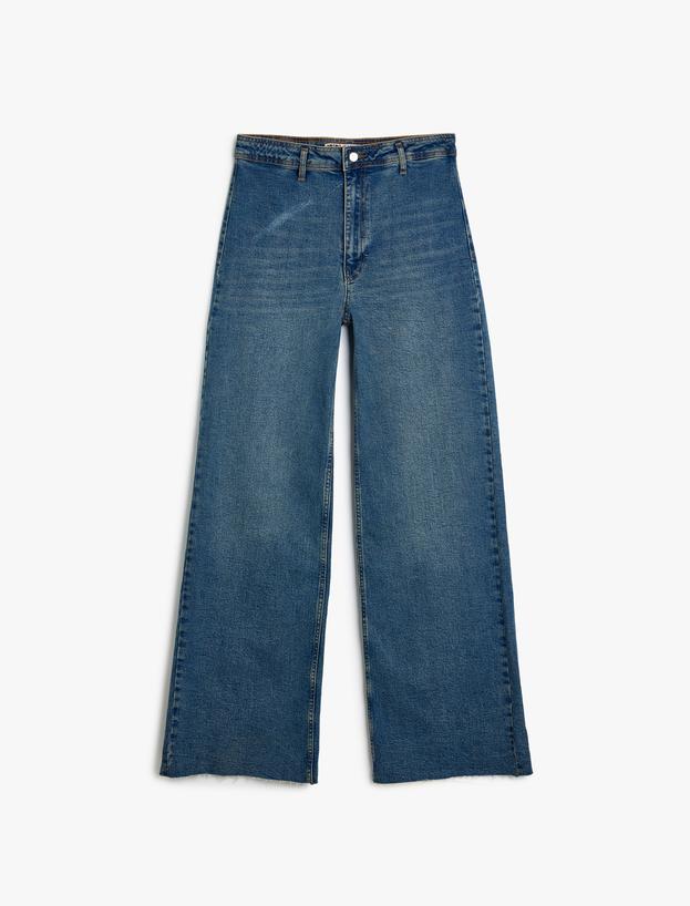 Geniş Paça Kot Pantolon Standart Bel Dar Kalıp Düğmeli Cepli Pamuklu - Wide Leg Jeans_0