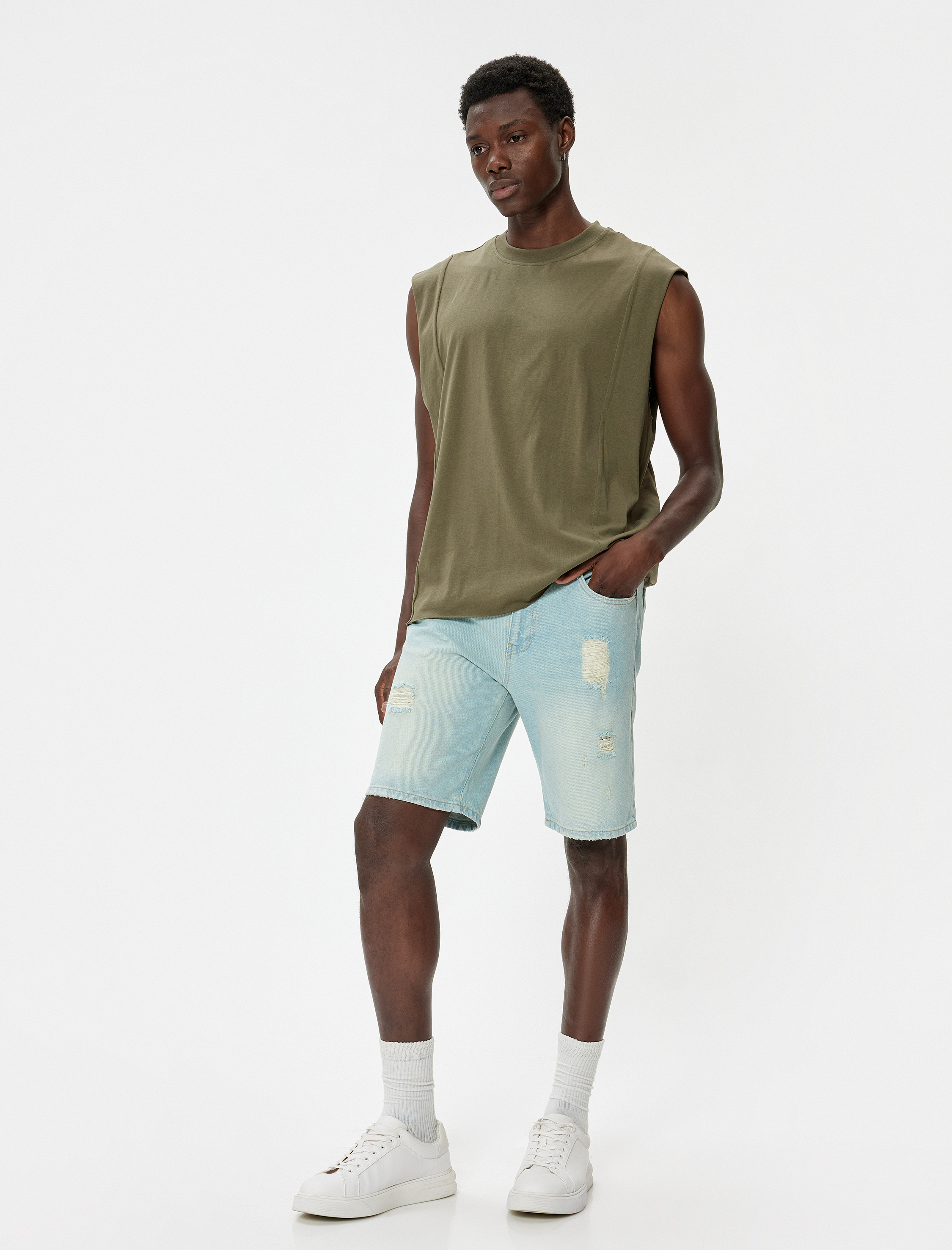   Oversize Kot Şort Bermuda Yırtık Pamuklu