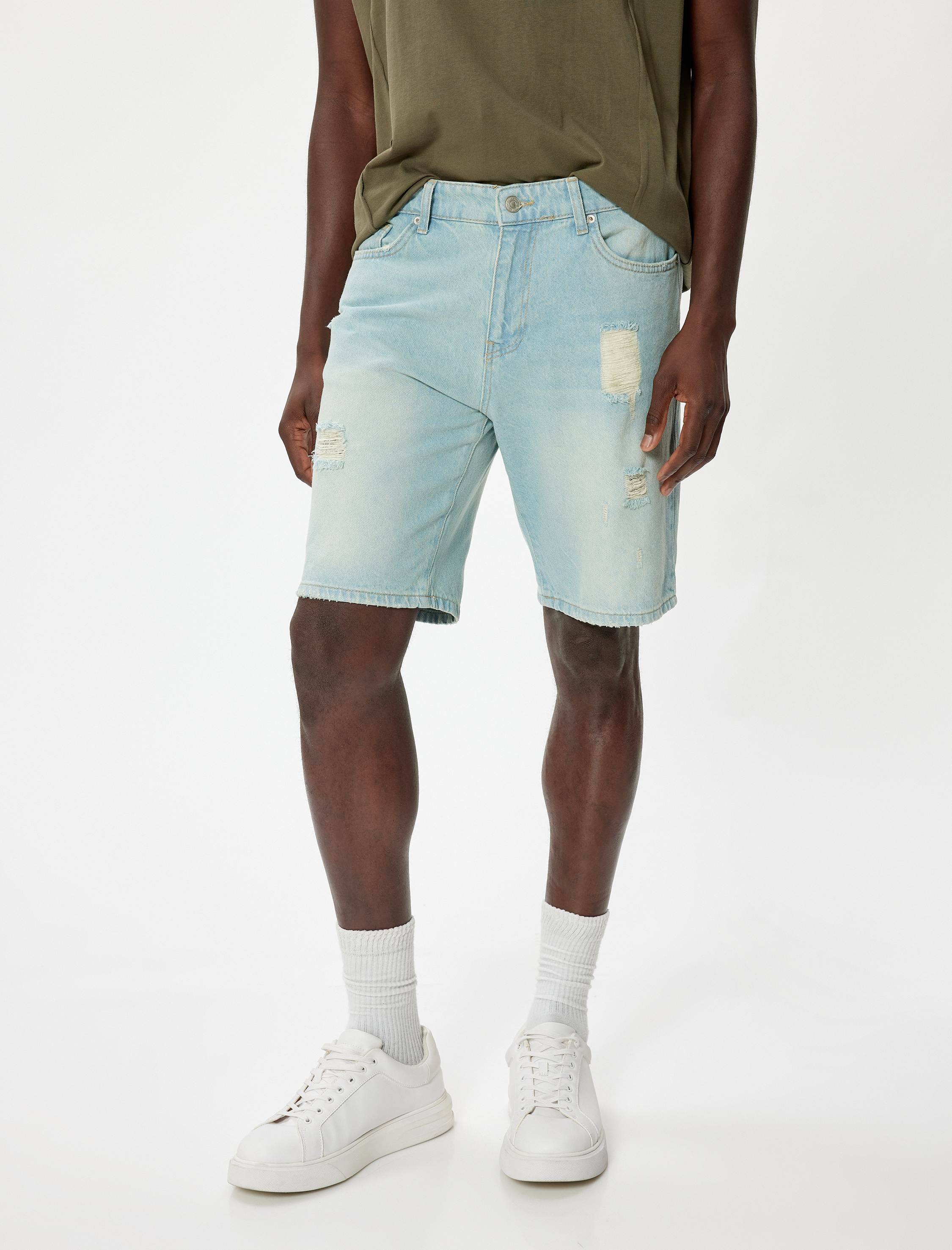   Oversize Kot Şort Bermuda Yırtık Pamuklu