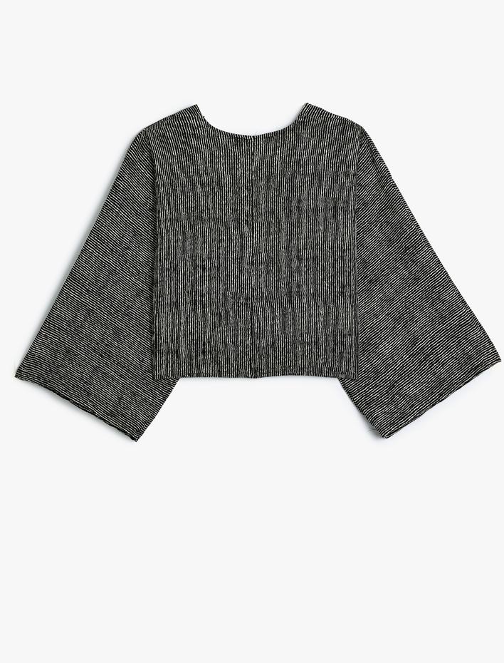  Crop Hırka Bürümcük Bağlama Detaylı V Yaka Yarasa Kol