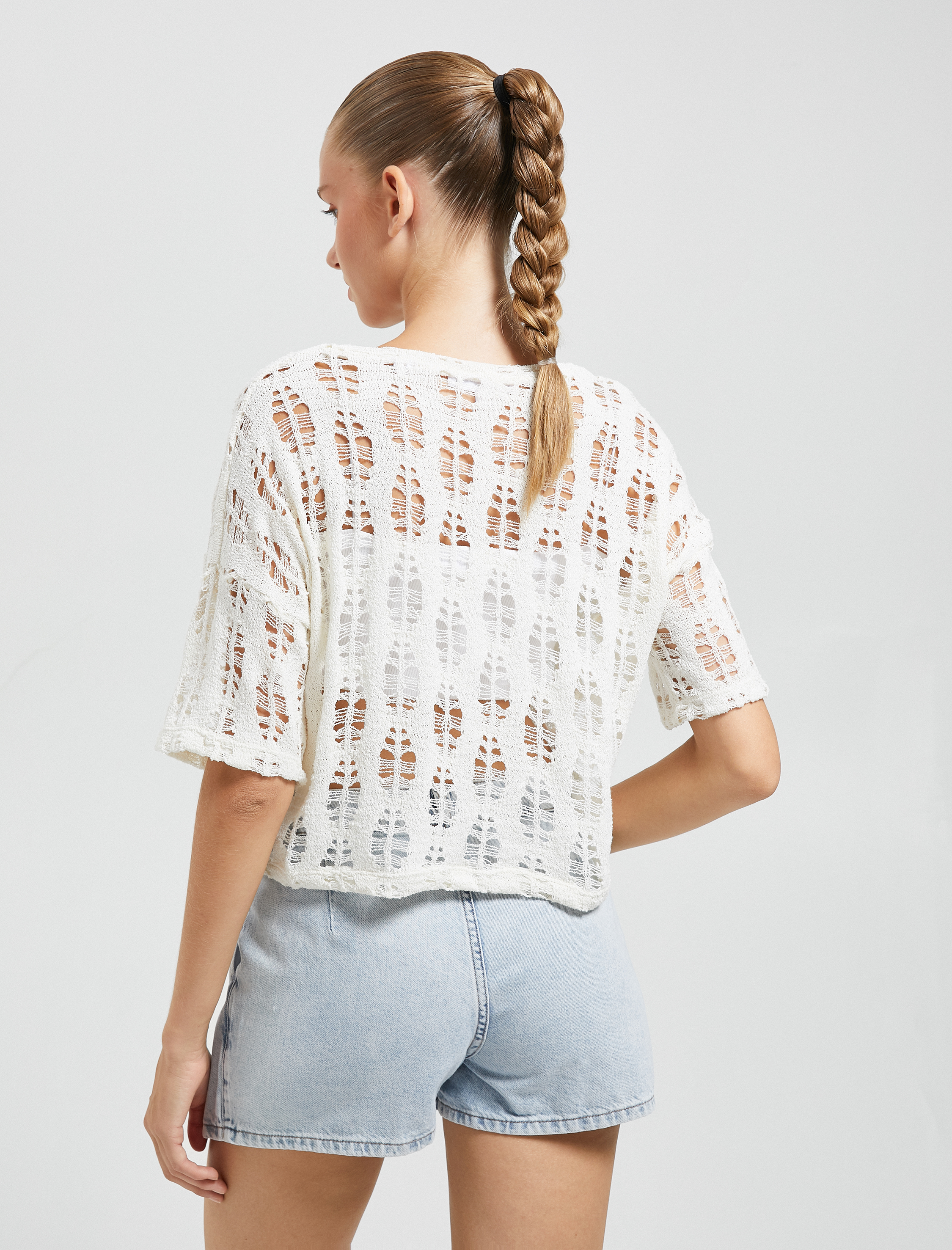 Uzun Kollu Tişört Ajurlu Bisiklet Yaka Kısa Kollu