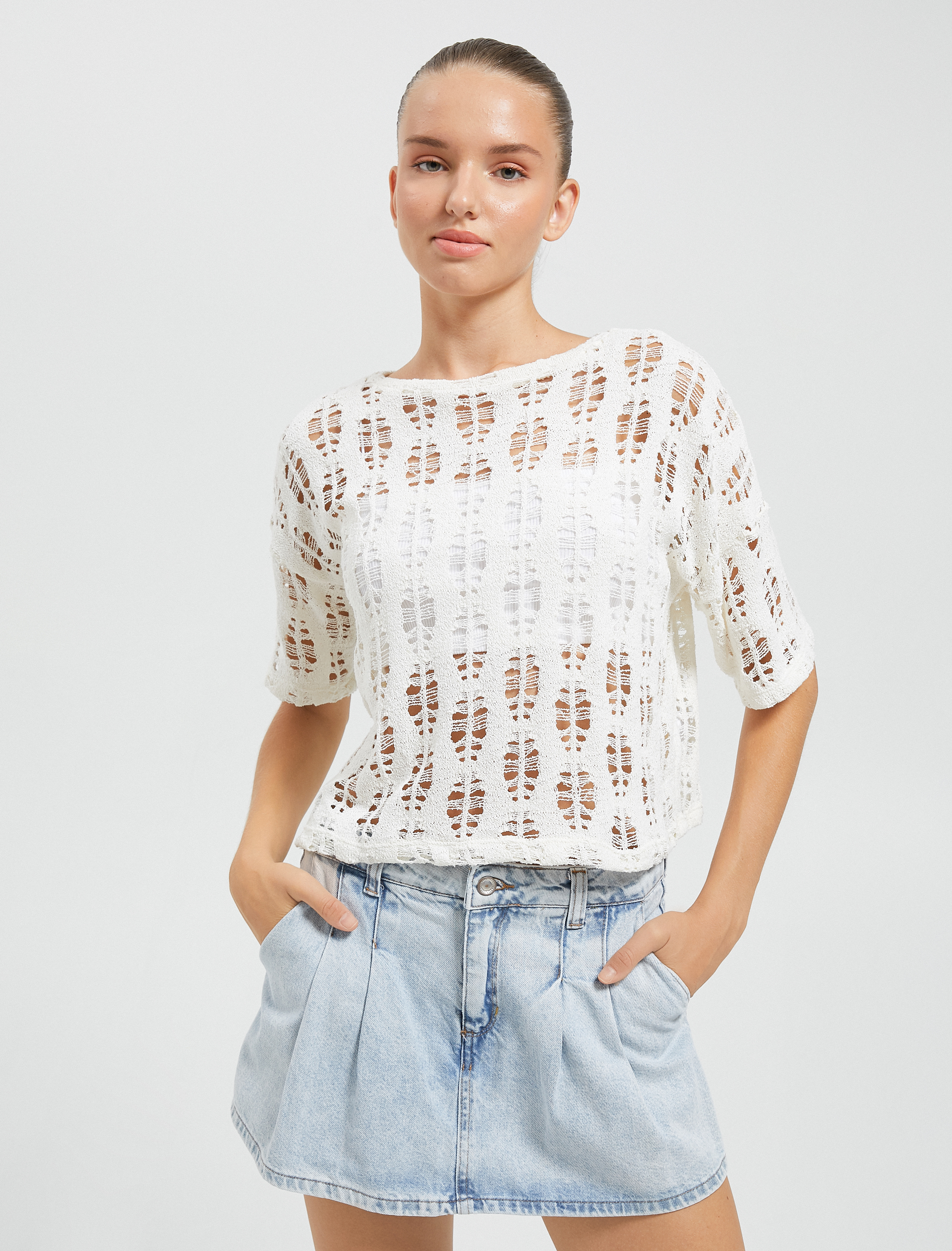 Uzun Kollu Tişört Ajurlu Bisiklet Yaka Kısa Kollu