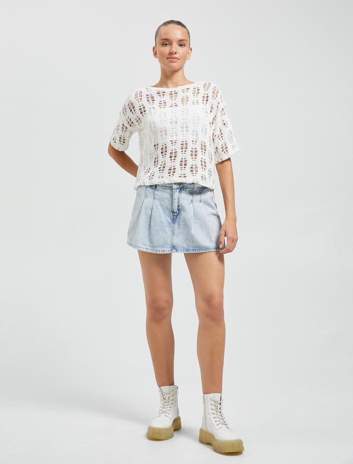  Uzun Kollu Tişört Ajurlu Bisiklet Yaka Kısa Kollu