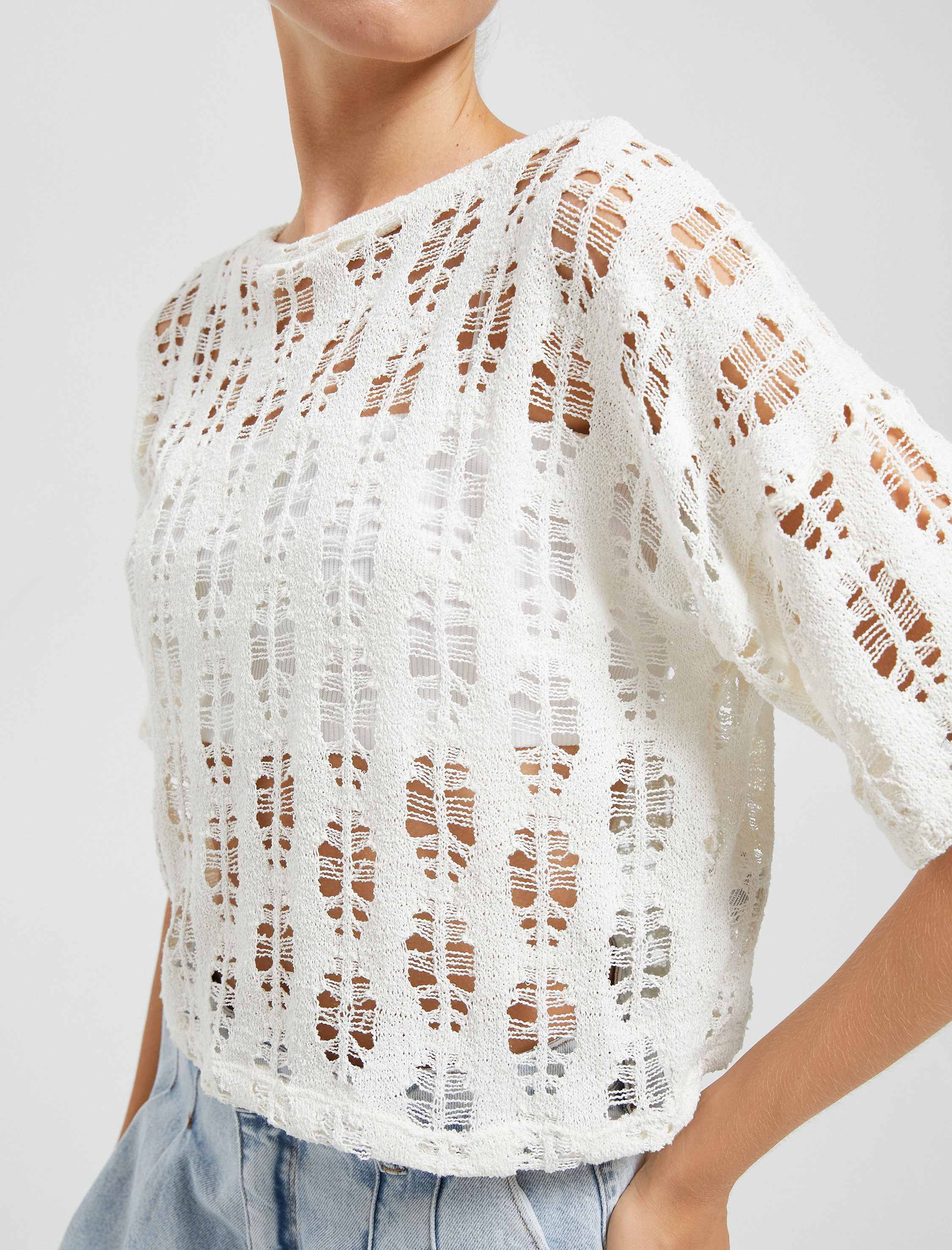 Uzun Kollu Tişört Ajurlu Bisiklet Yaka Kısa Kollu