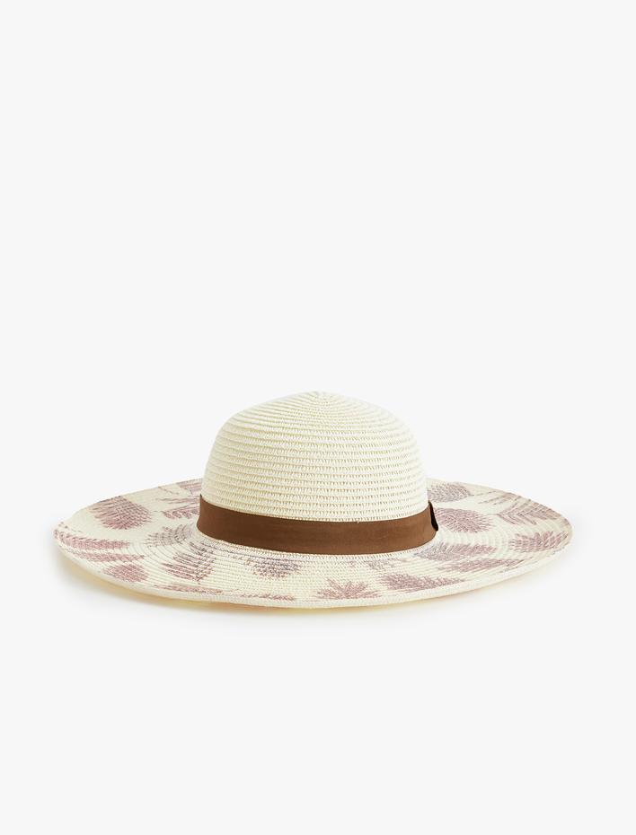 Kadın Hasır Şapka Geniş Vizörlü Yaprak Desenli
