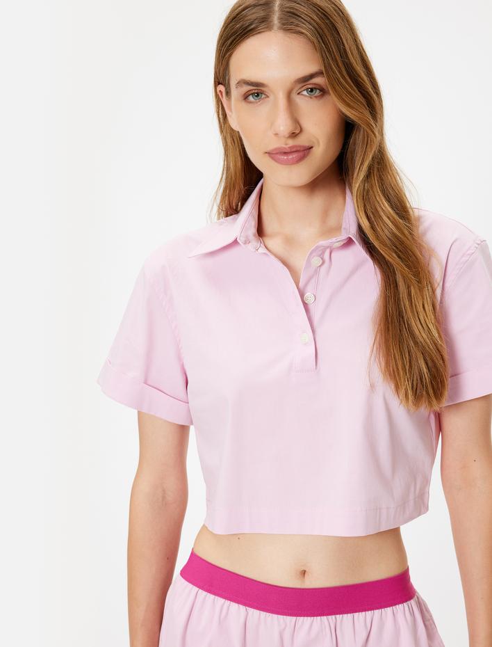  Polo Yaka Crop Pijama Üstü Kısa Kollu Düğmeli Pamuklu