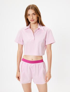 Polo Yaka Crop Pijama Üstü Kısa Kollu Düğmeli Pamuklu_2