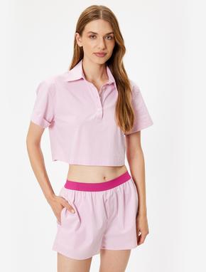 Polo Yaka Crop Pijama Üstü Kısa Kollu Düğmeli Pamuklu_1