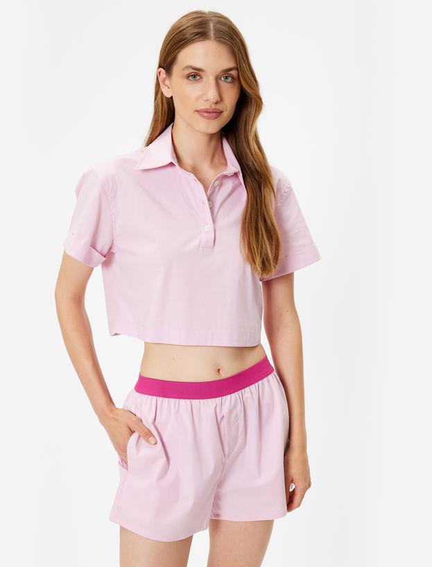 Polo Yaka Crop Pijama Üstü Kısa Kollu Düğmeli Pamuklu_1