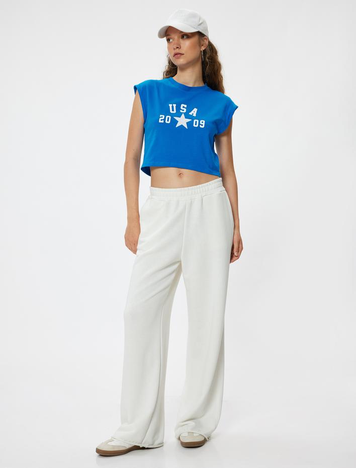  Crop Kolsuz Tişört Bisiklet Yaka Slogan Baskılı Slim Fit