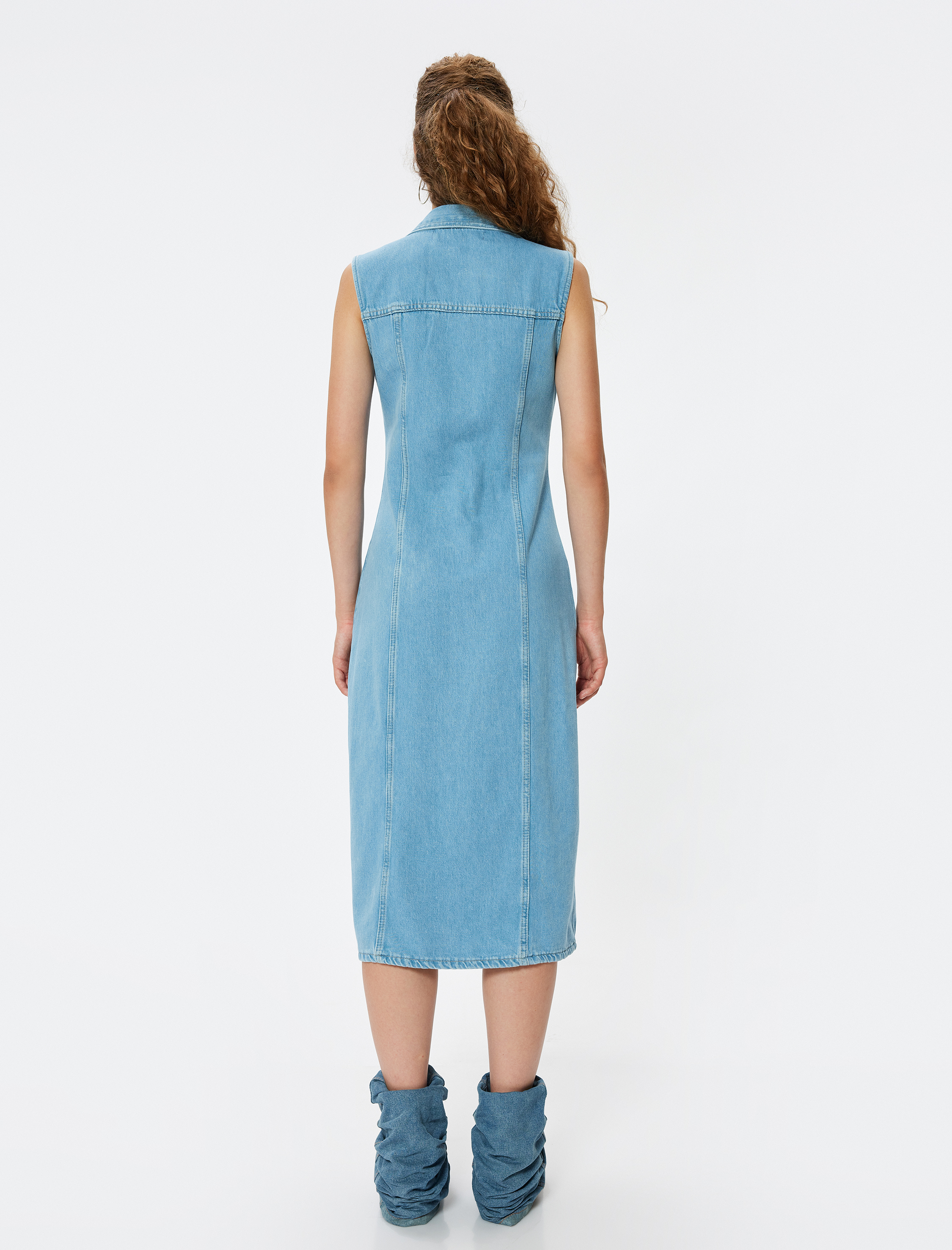   Kot Gömlek Elbise Midi Kolsuz Düğmeli Dikiş Detaylı