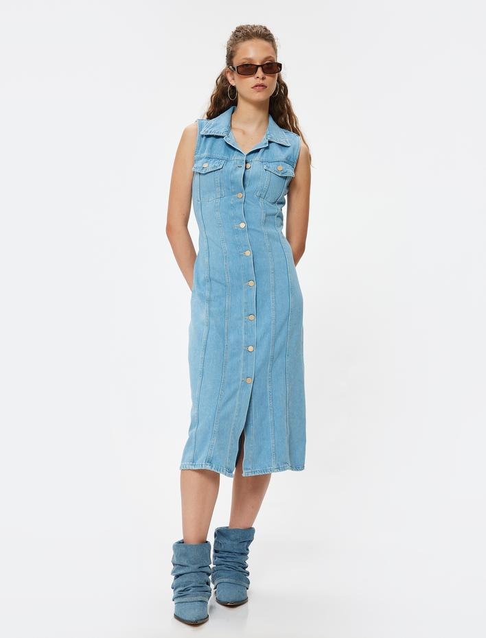  Kot Gömlek Elbise Midi Kolsuz Düğmeli Dikiş Detaylı