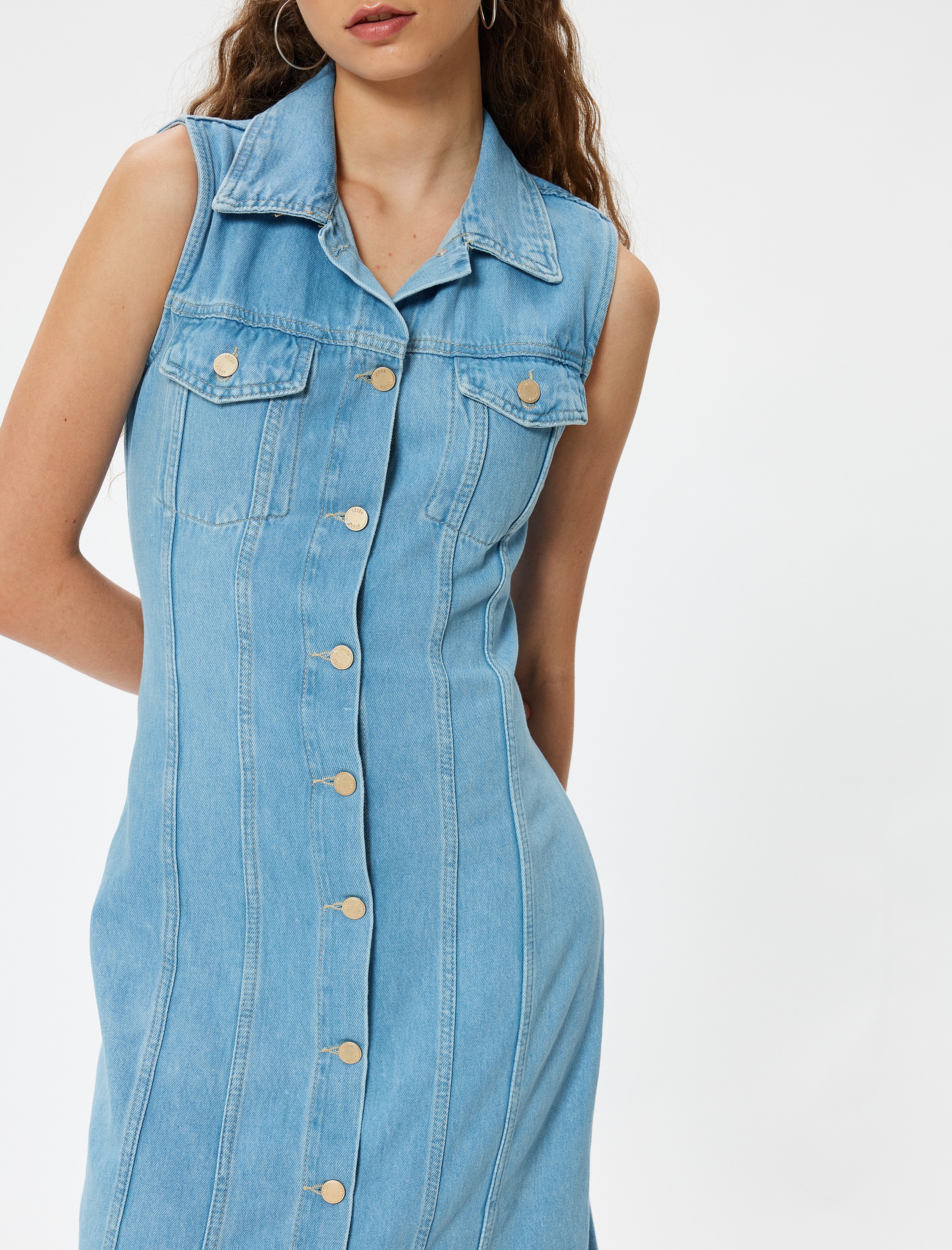   Kot Gömlek Elbise Midi Kolsuz Düğmeli Dikiş Detaylı