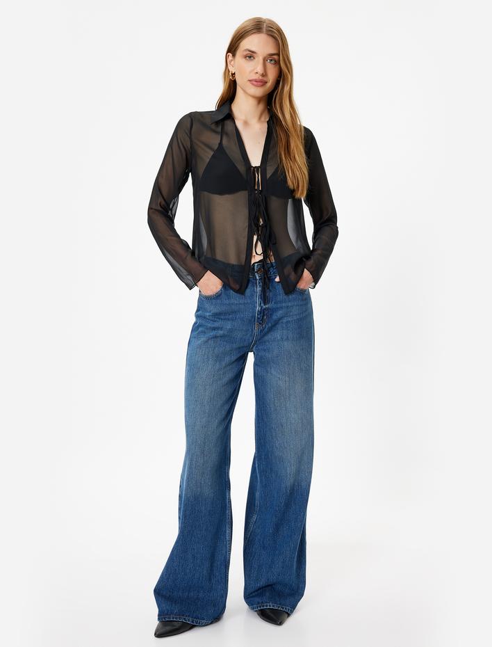  Tül Transparan Gömlek Önden Bağlama Detaylı Uzun Kollu