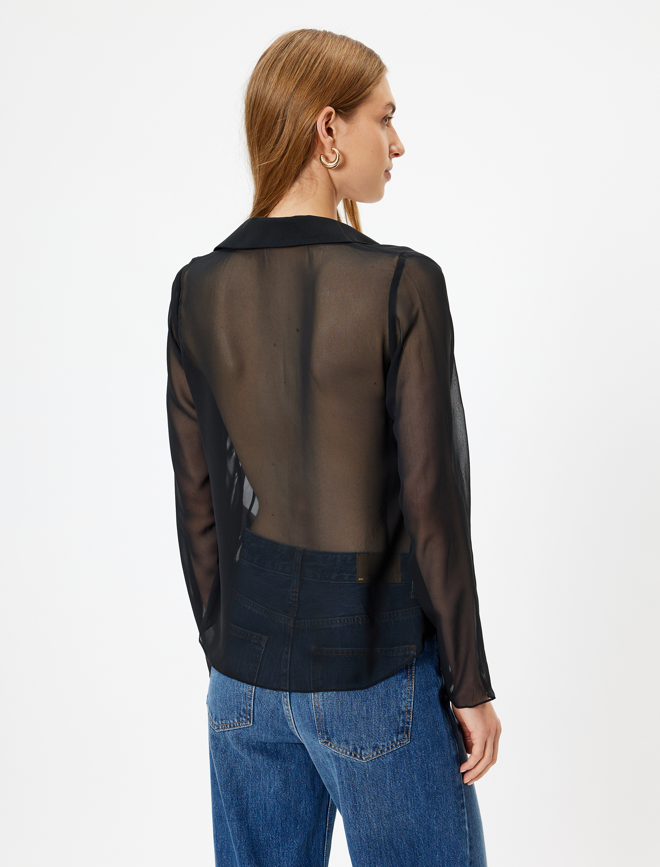 Tül Transparan Gömlek Önden Bağlama Detaylı Uzun Kollu