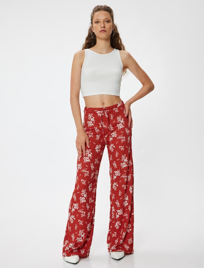 Geniş Paça Pantolon Bürümcük Yüksek Bel Çiçekli Beli Bağcıklı