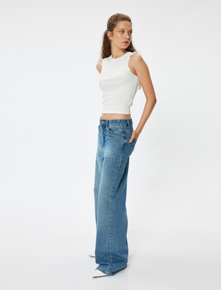  Kolsuz Tişört Bisiklet Yaka Fırfır Detaylı Slim Fit