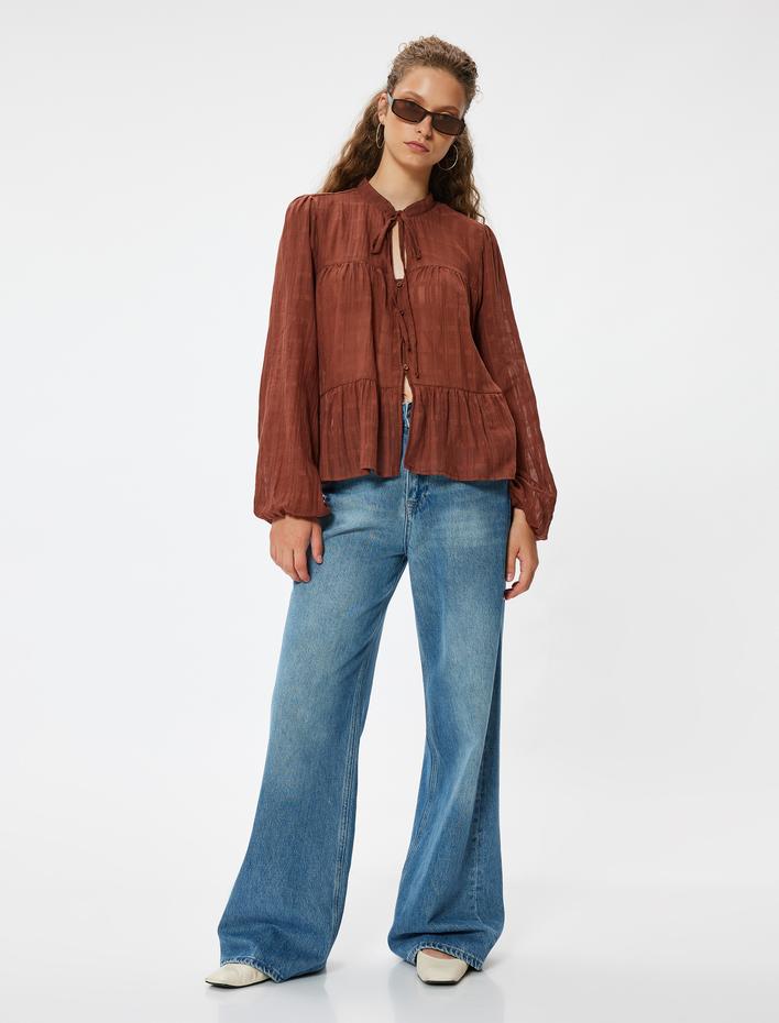 Hakim Yaka Bluz Bağcık Detaylı Uzun Kollu Düğmeli Fırfırlı