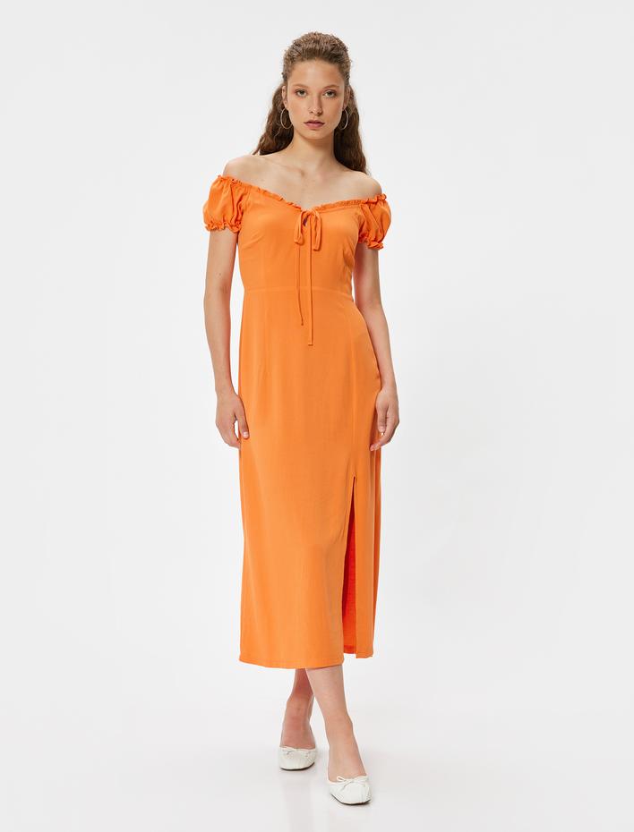  Balon Kol Elbise Midi Fırfırlı Kayık Yaka Bağcık Detaylı Yırtmaçlı