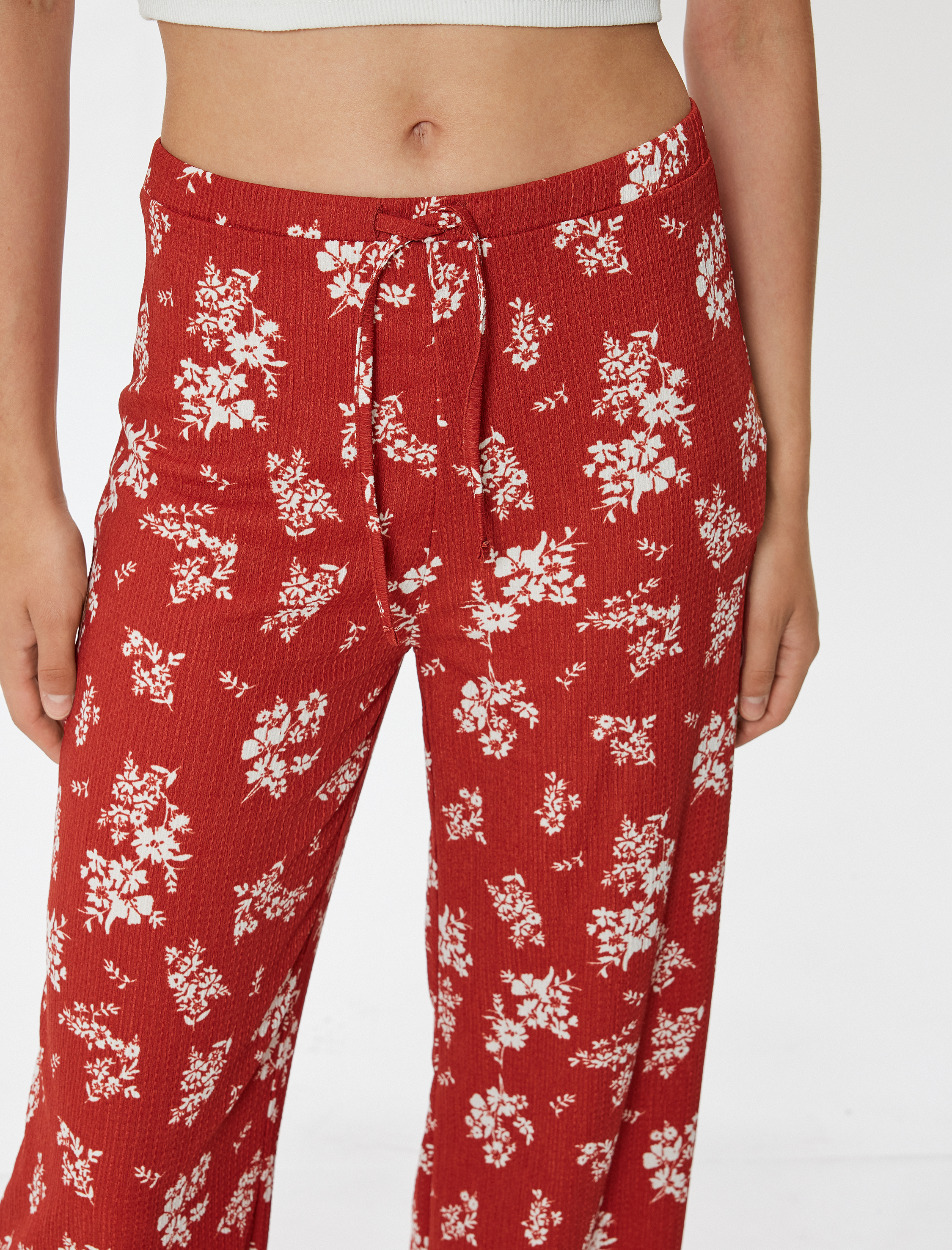   Geniş Paça Pantolon Bürümcük Yüksek Bel Çiçekli Beli Bağcıklı