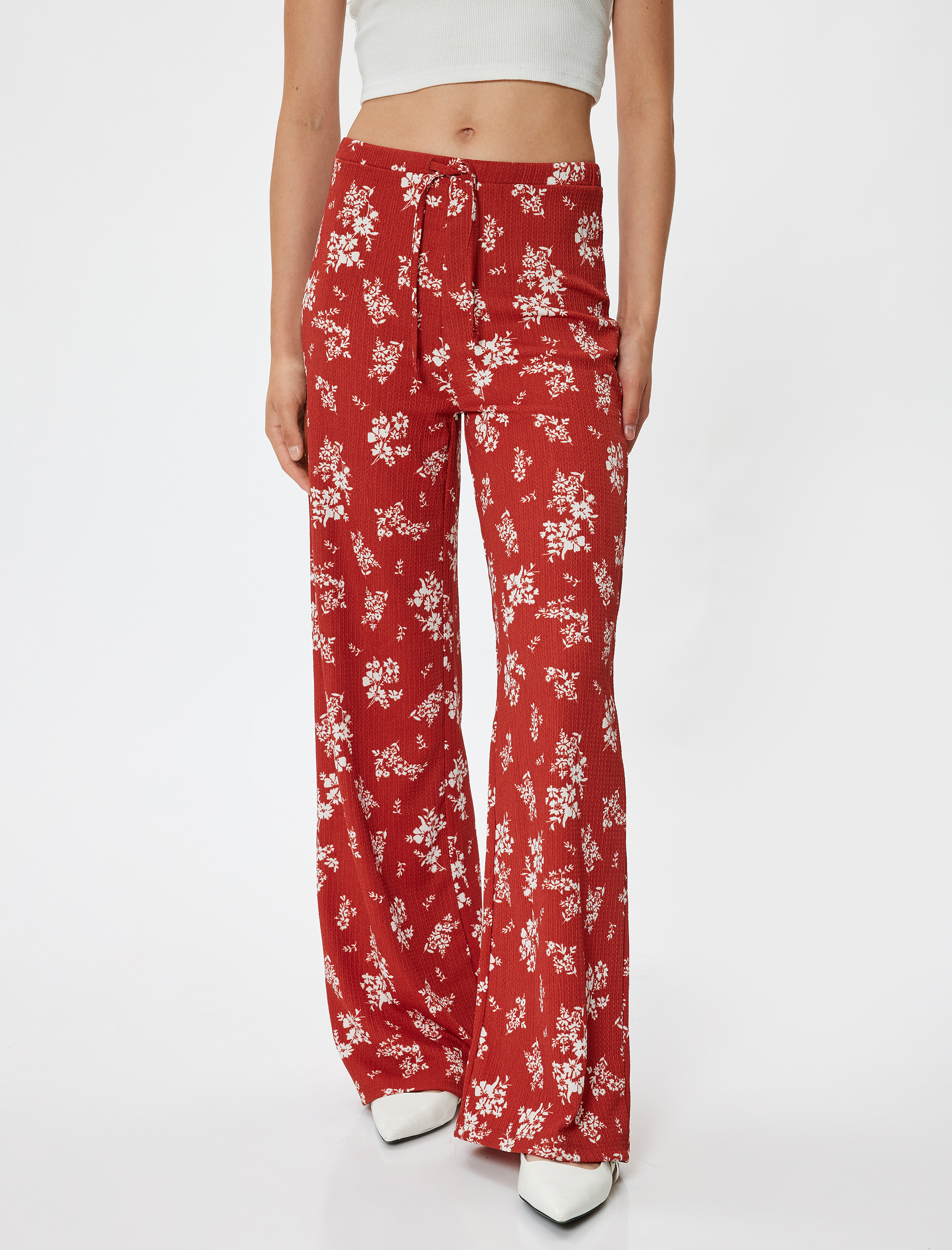   Geniş Paça Pantolon Bürümcük Yüksek Bel Çiçekli Beli Bağcıklı