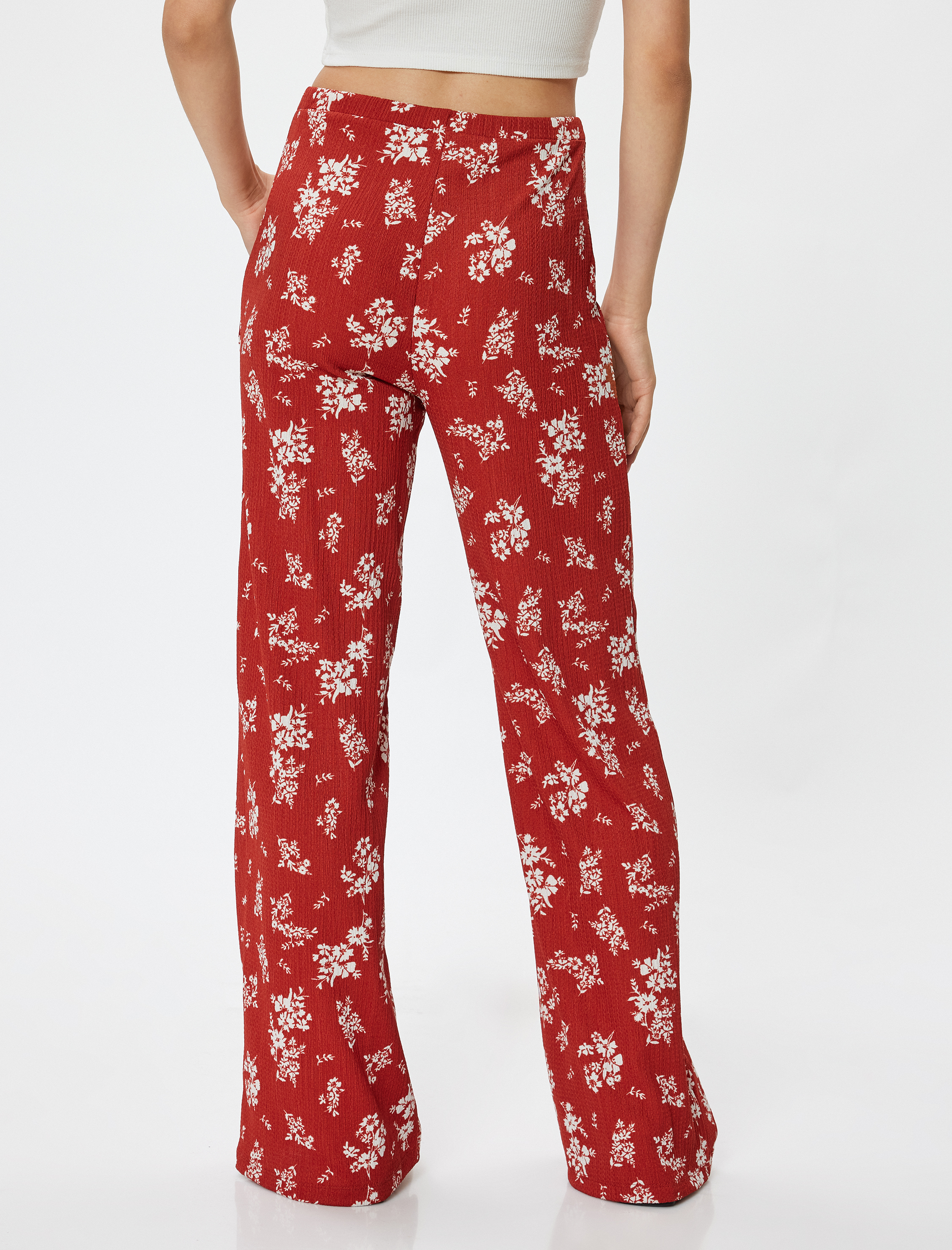   Geniş Paça Pantolon Bürümcük Yüksek Bel Çiçekli Beli Bağcıklı