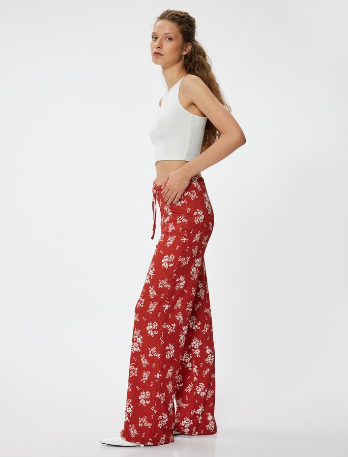  Geniş Paça Pantolon Bürümcük Yüksek Bel Çiçekli Beli Bağcıklı