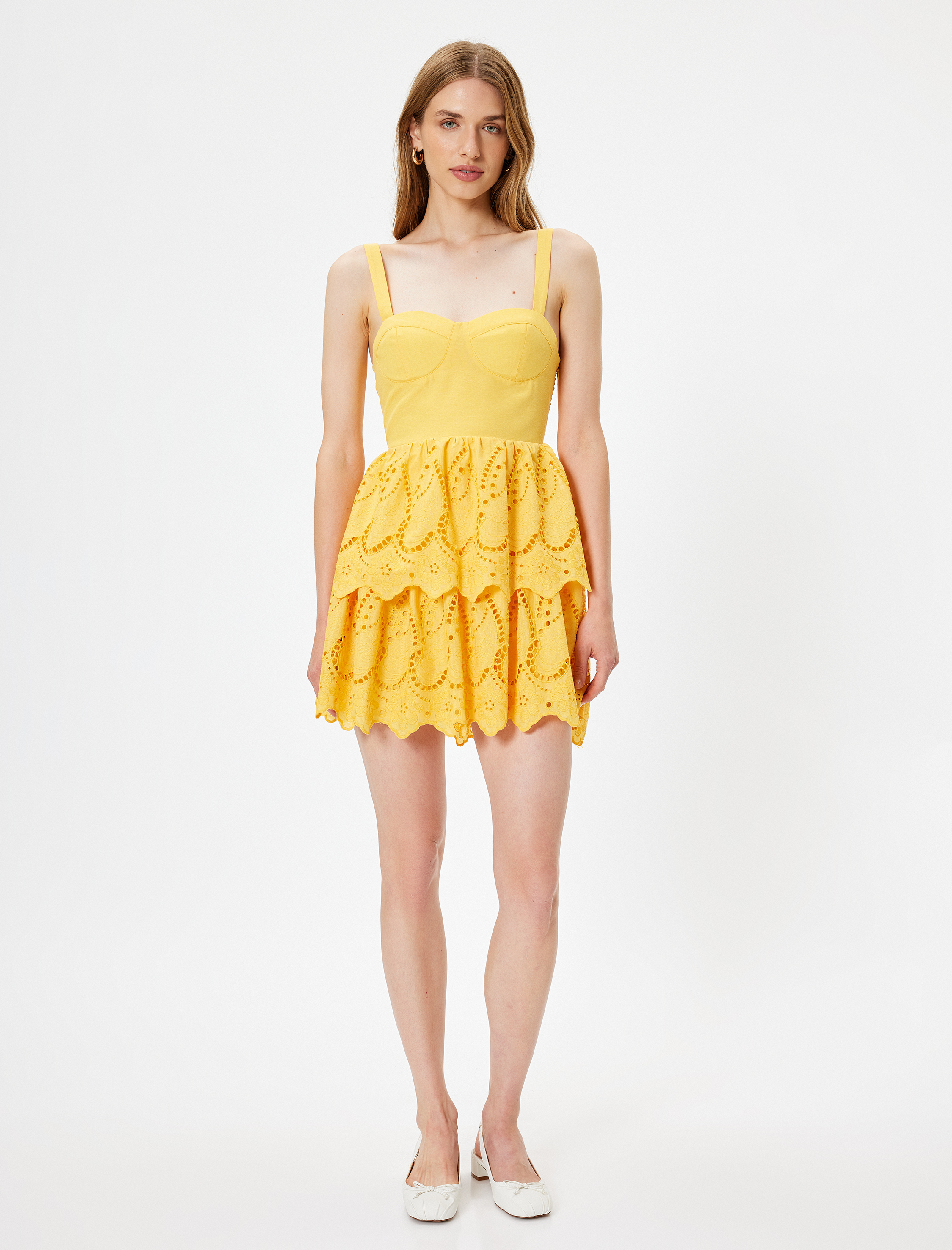   Mini Fisto Elbise Askılı Kalp Yaka Katlı