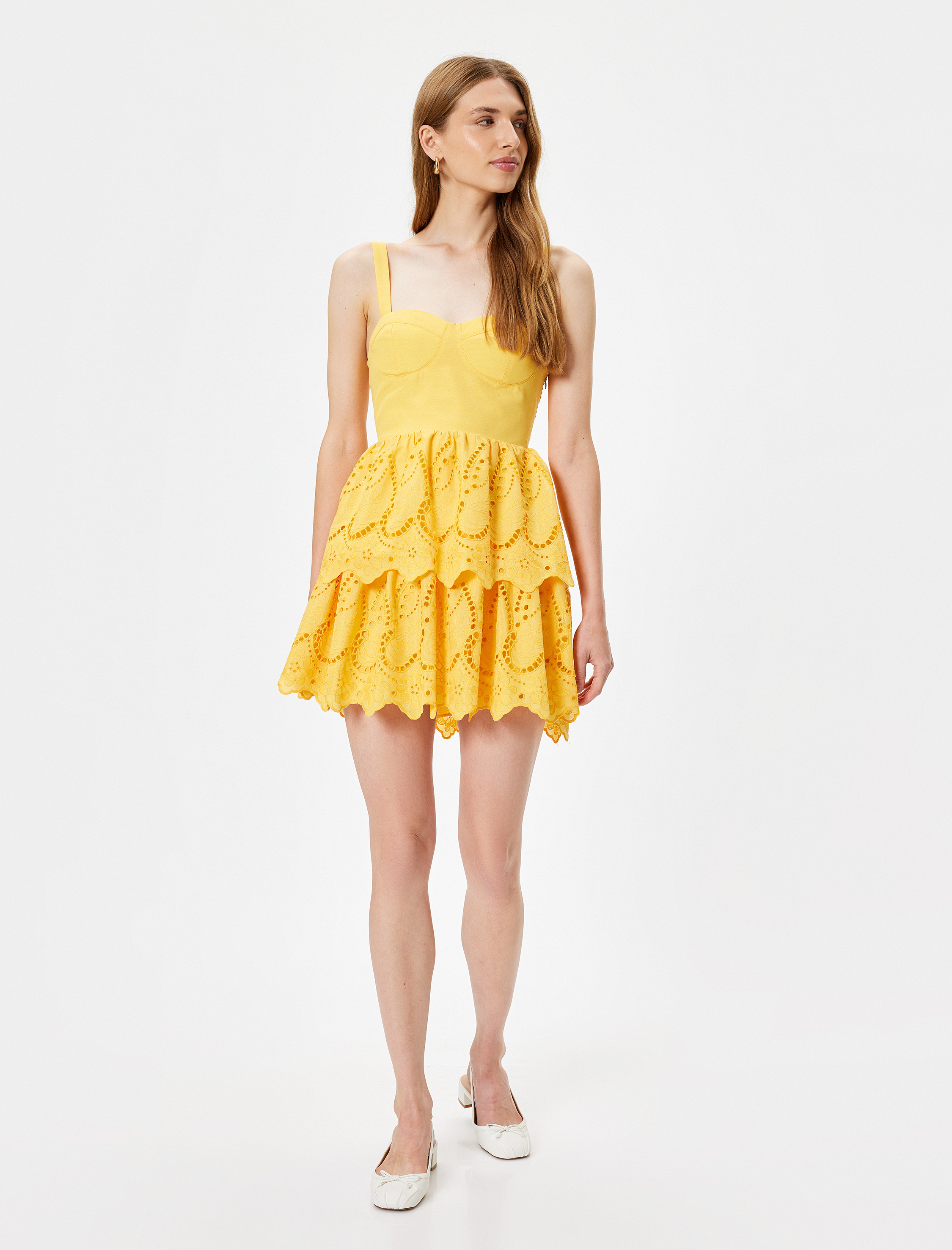   Mini Fisto Elbise Askılı Kalp Yaka Katlı