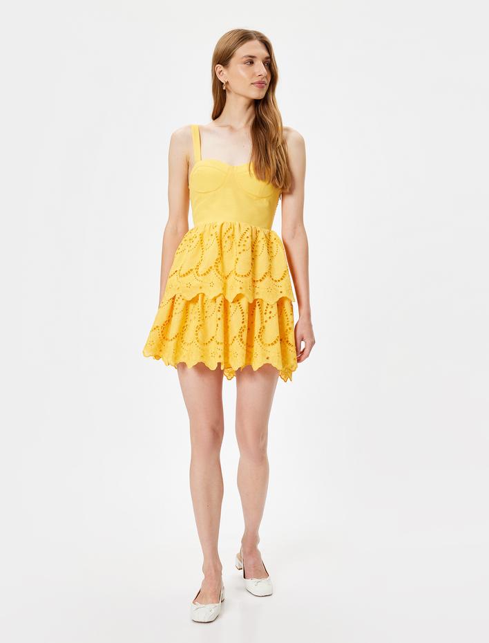  Mini Fisto Elbise Askılı Kalp Yaka Katlı