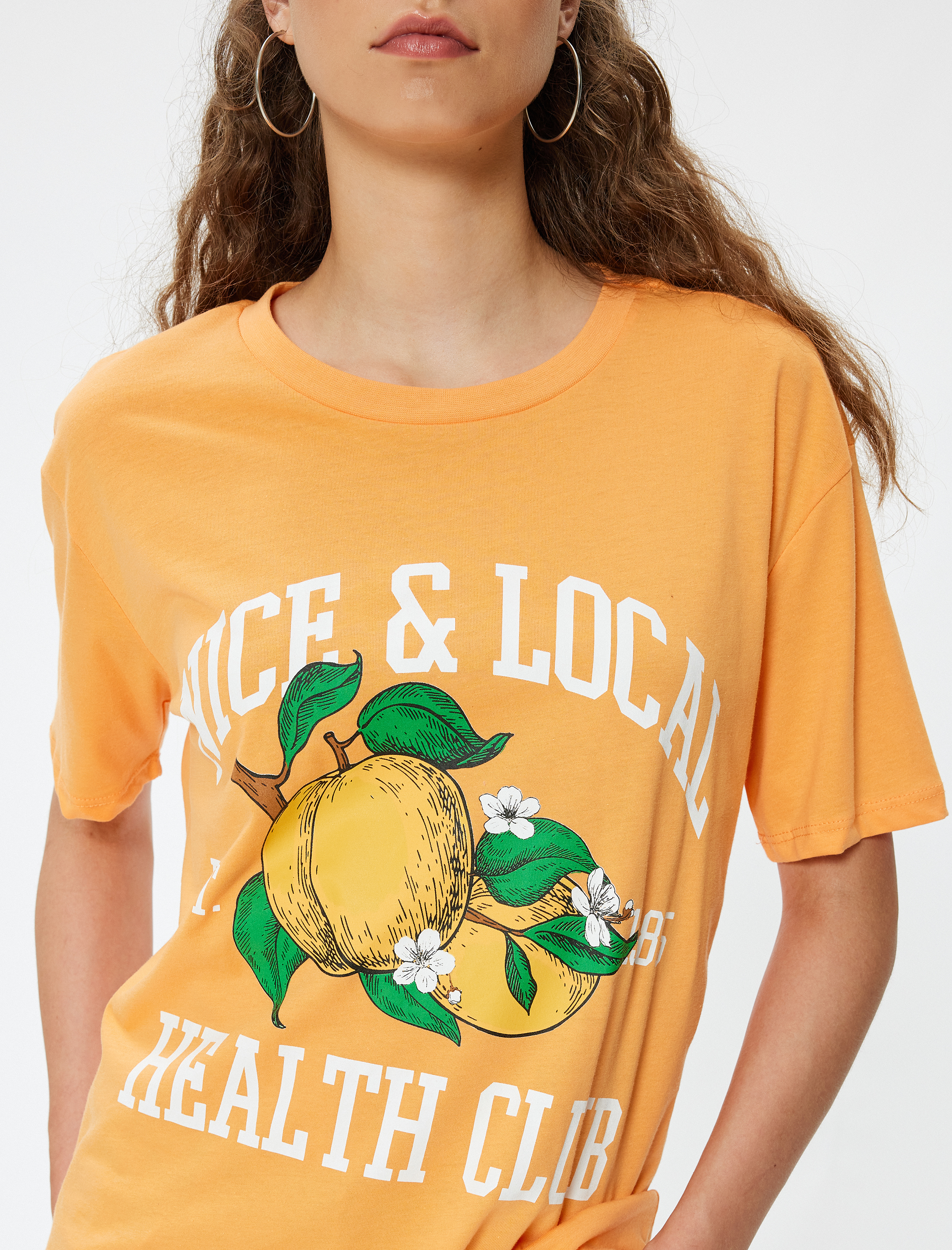   Oversize Tişört Meyve Baskılı Bisiklet Yaka Kısa Kollu Pamuklu