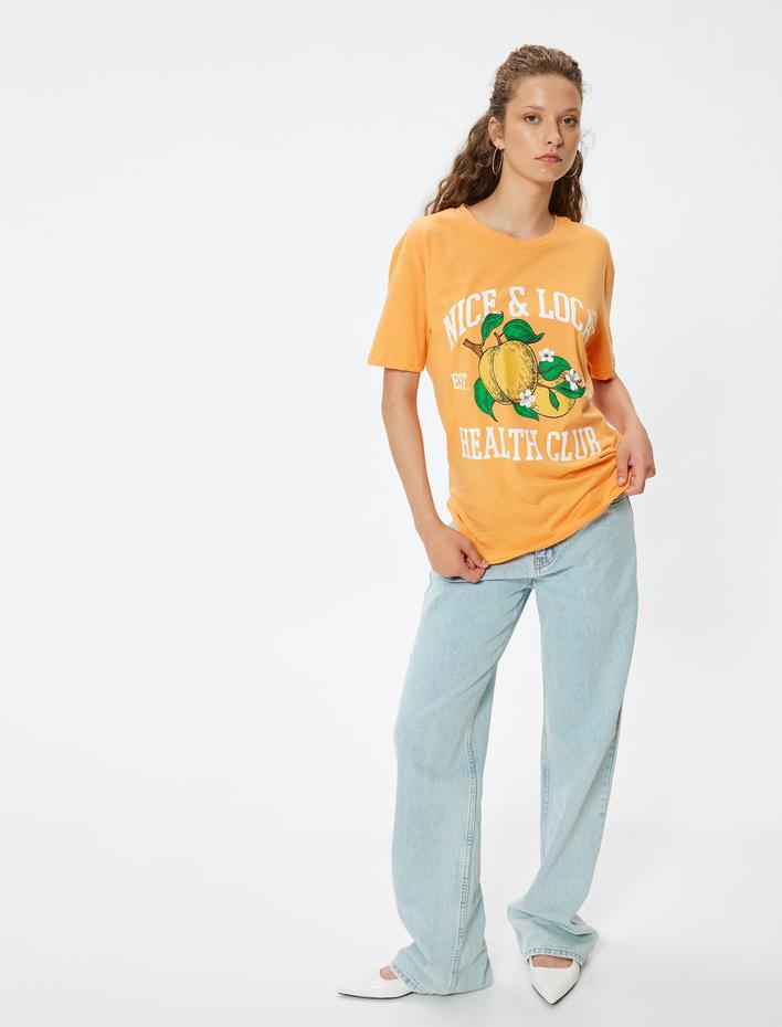  Oversize Tişört Meyve Baskılı Bisiklet Yaka Kısa Kollu Pamuklu