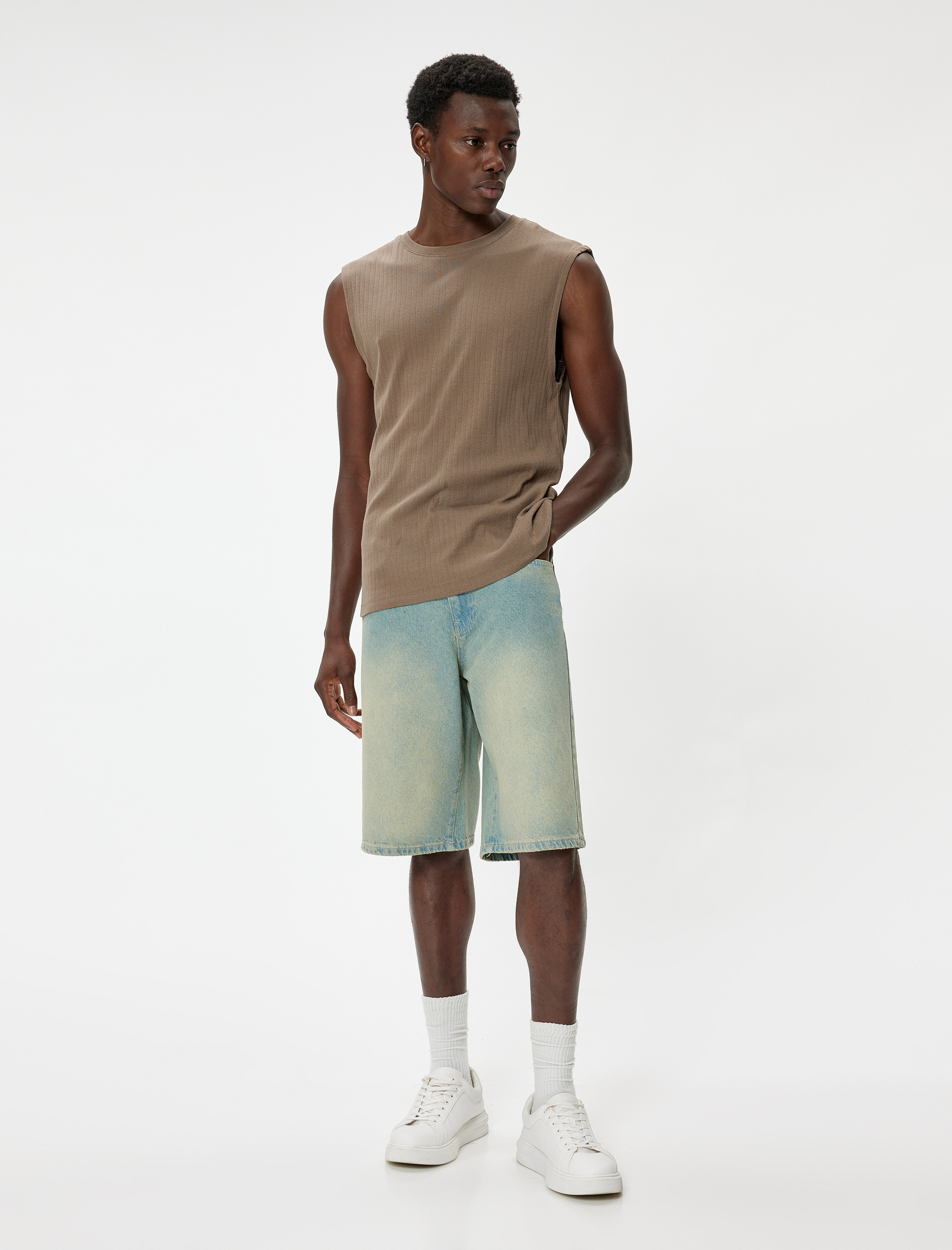   Baggy Jean Şort Cep Detaylı Oversize Pamuklu