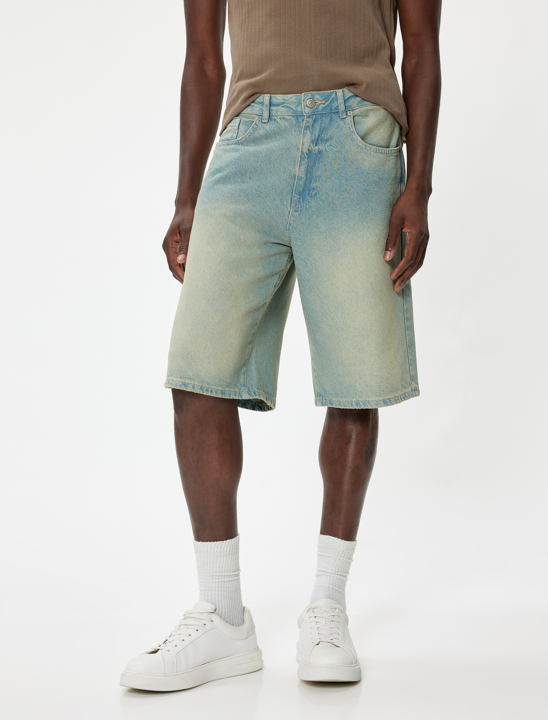   Baggy Jean Şort Cep Detaylı Oversize Pamuklu