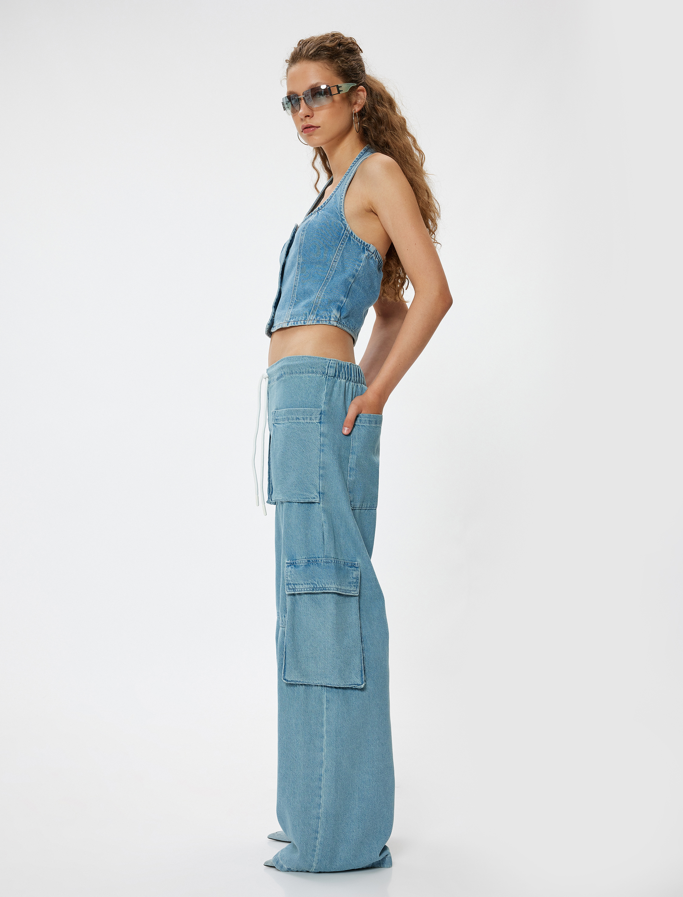 Oversize Kargo Kot Pantolon Beli Lastikli Cep Detaylı -  Loose Straight Fit Jeans