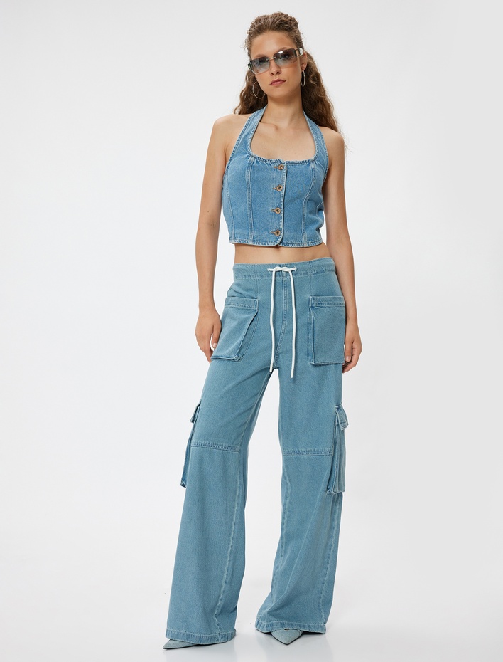  Oversize Kargo Kot Pantolon Beli Lastikli Cep Detaylı -  Loose Straight Fit Jeans