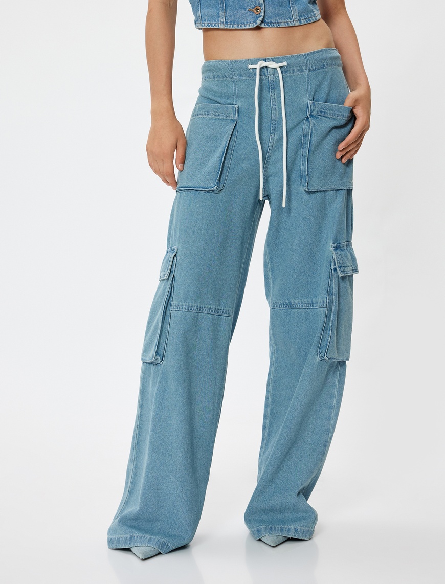   Oversize Kargo Kot Pantolon Beli Lastikli Cep Detaylı -  Loose Straight Fit Jeans