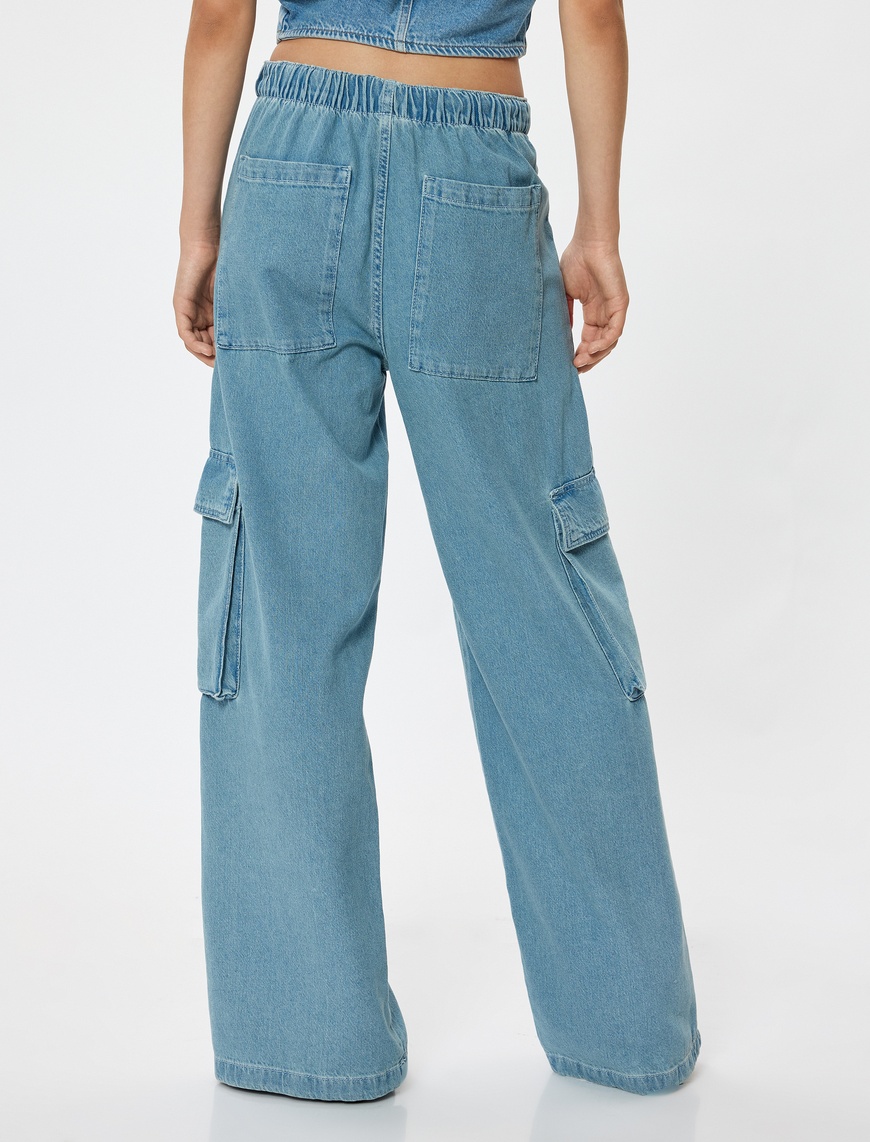   Oversize Kargo Kot Pantolon Beli Lastikli Cep Detaylı -  Loose Straight Fit Jeans