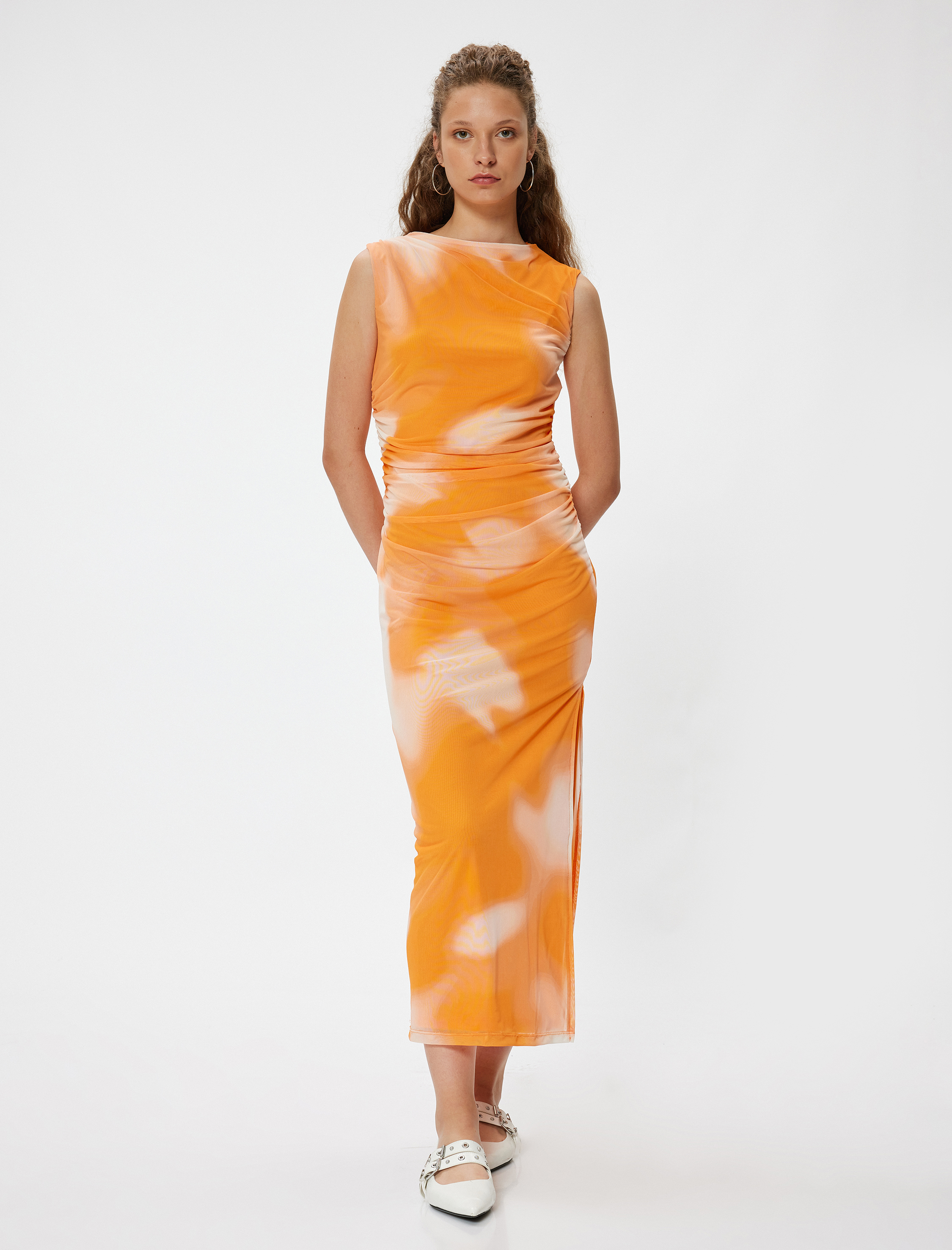 Tül Bodycon Uzun Elbise Kolsuz Drapeli Kayık Yaka Slim Fit Soyut Desenli