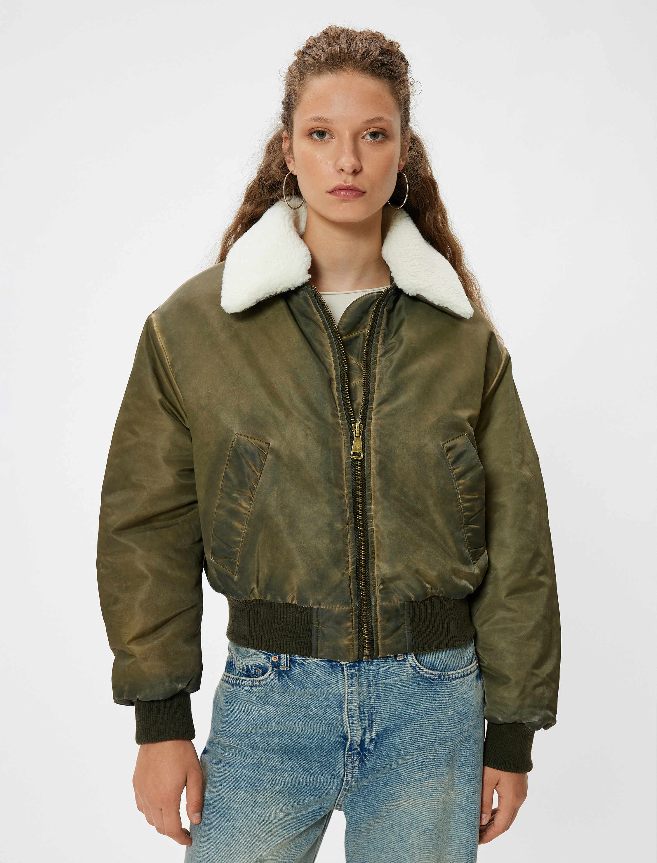Deri Görünümlü Oversize Crop Ceket Suni Kürk Yaka Fermuarlı