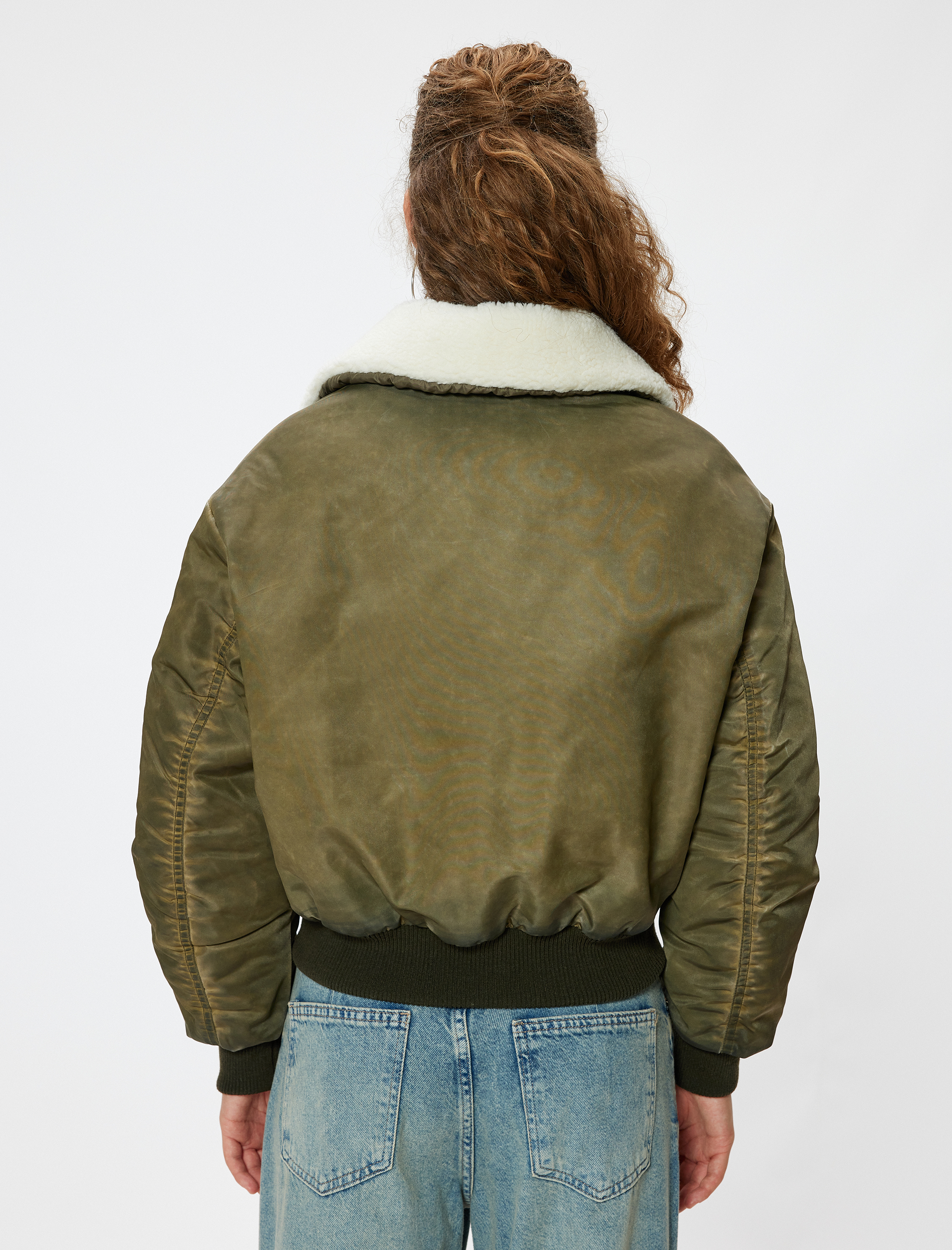Deri Görünümlü Oversize Crop Ceket Suni Kürk Yaka Fermuarlı