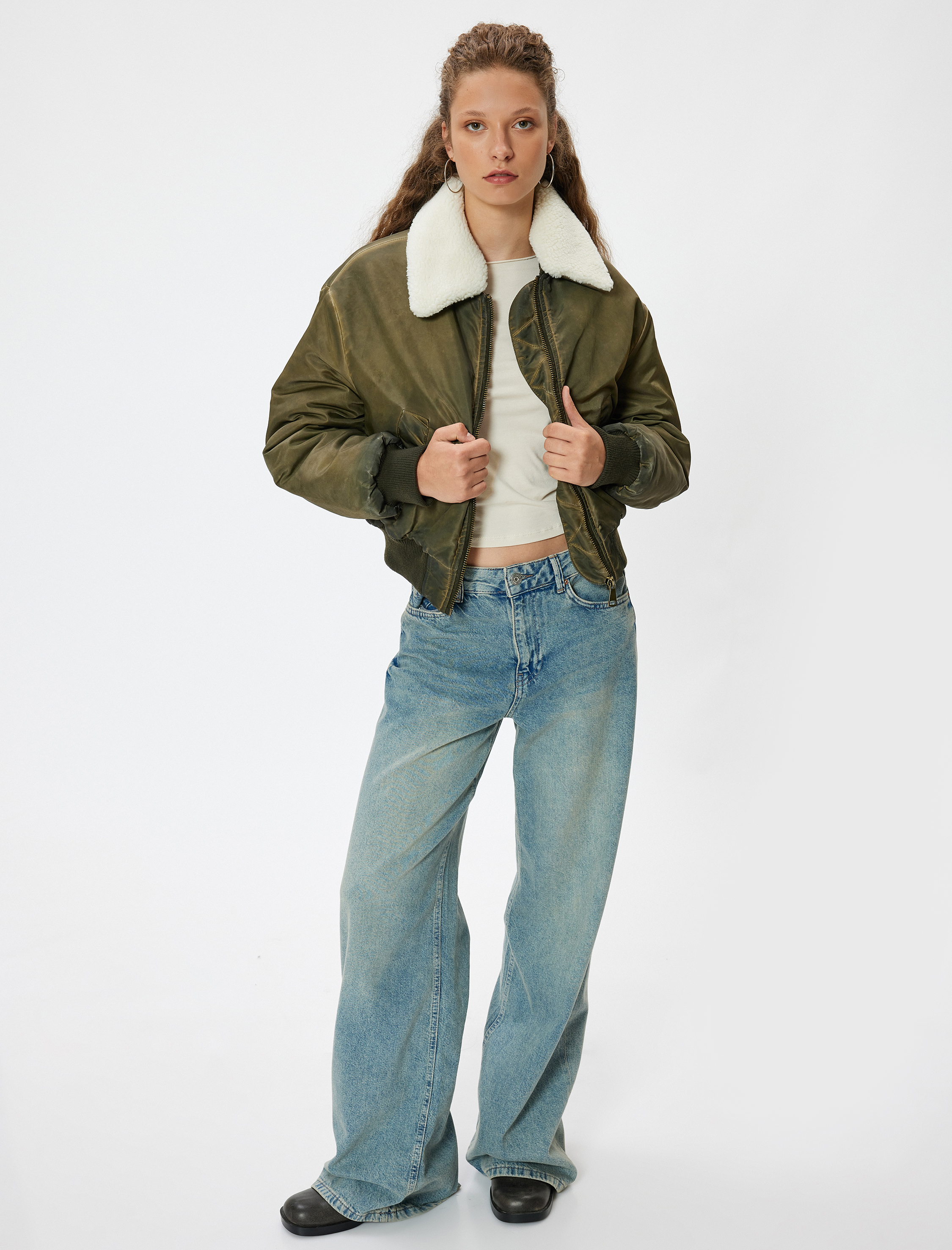 Deri Görünümlü Oversize Crop Ceket Suni Kürk Yaka Fermuarlı