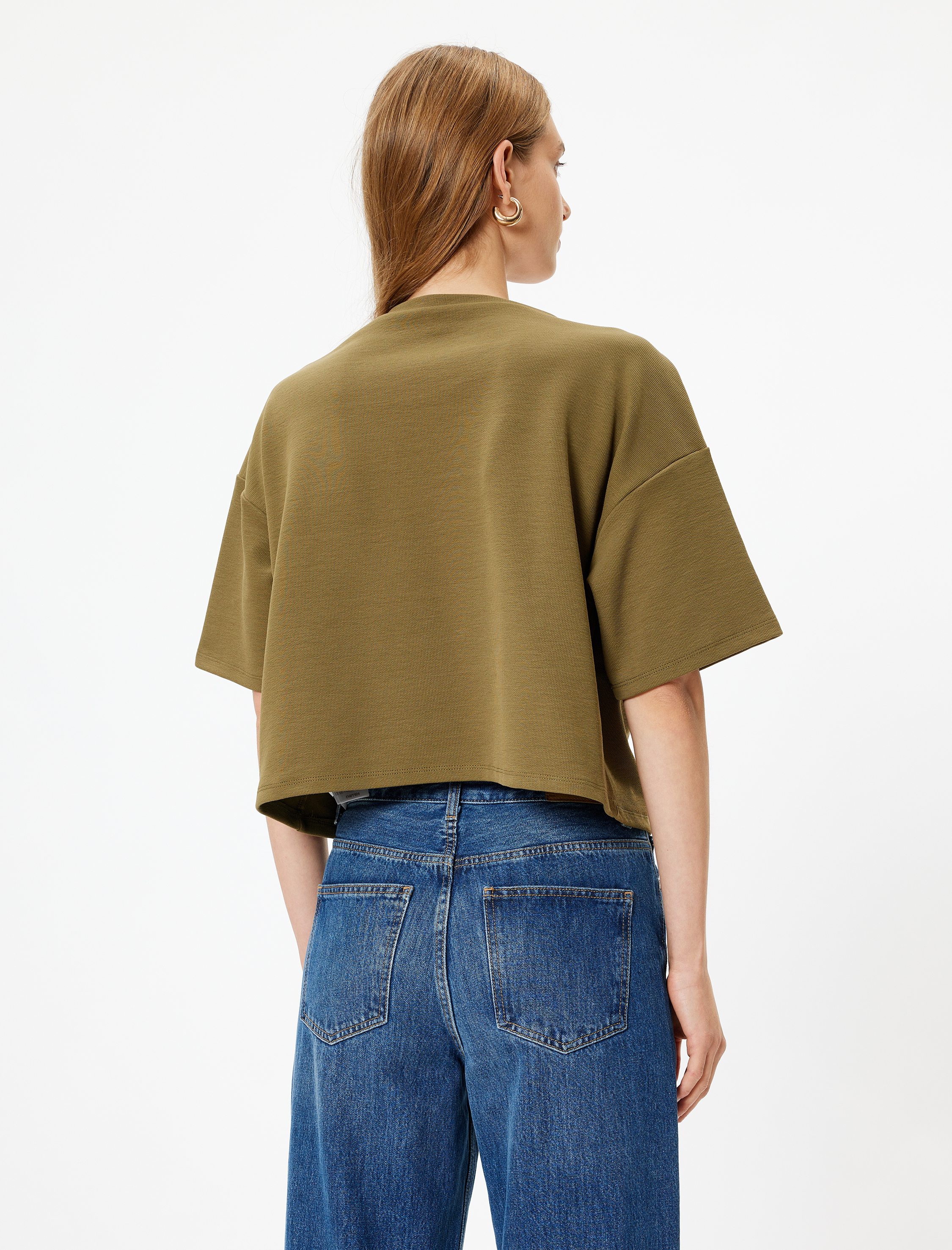   Kapaklı Cep Detaylı Kısa Kollu Bisiklet Yaka Crop Tişört