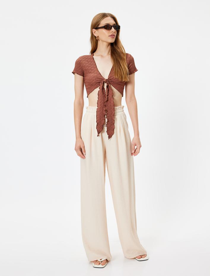  Viskon Geniş Paça Pantolon Cepli Beli Lastikli Pile Detaylı