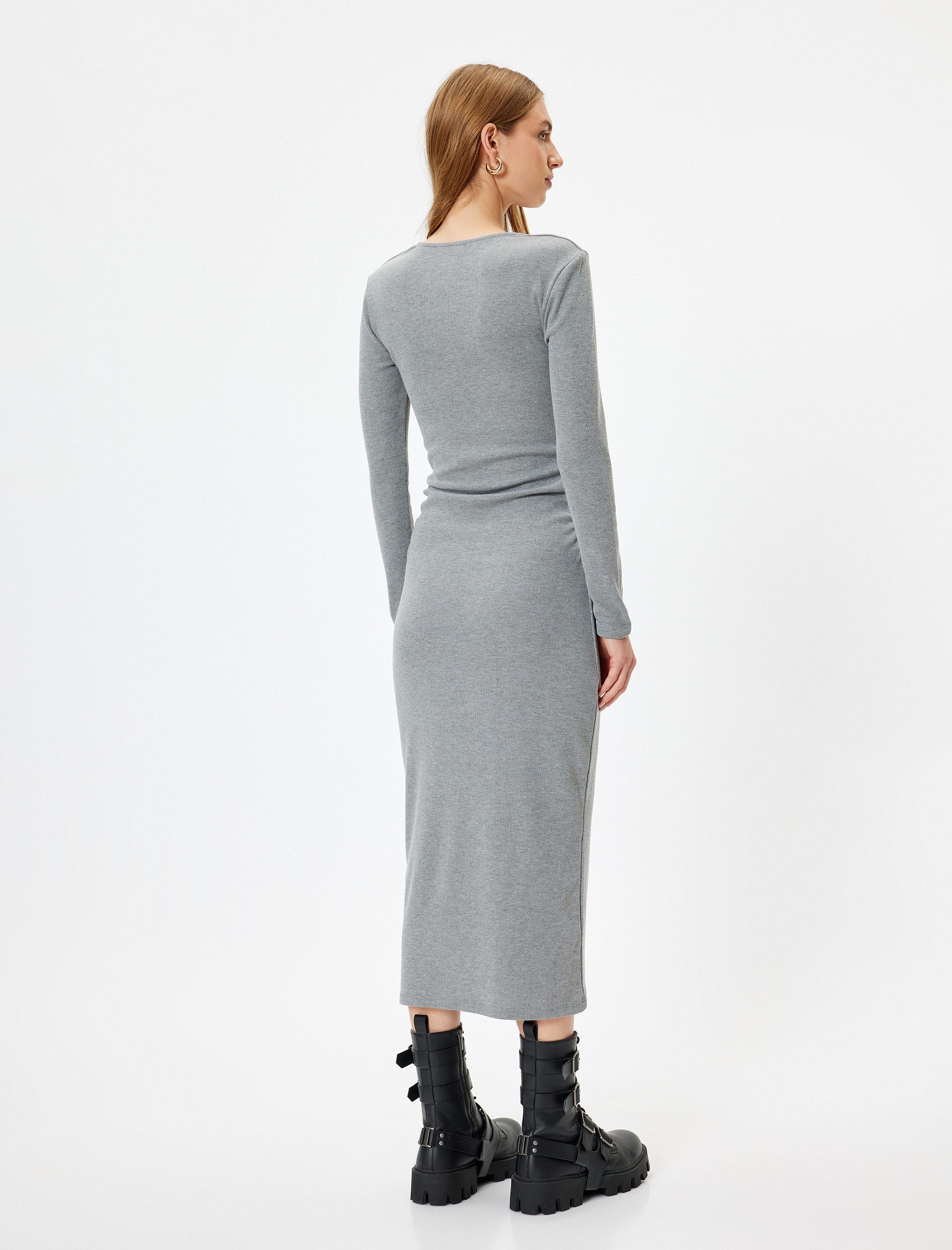 Midi Boy Kalem Elbise Fitilli Uzun Kollu Bisiklet Yaka Slim Fit