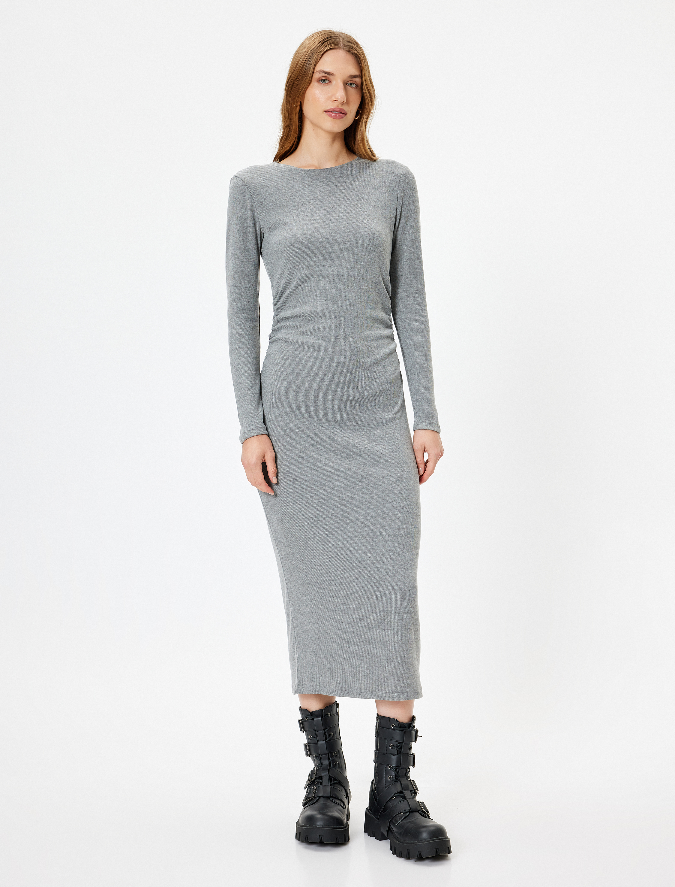 Midi Boy Kalem Elbise Fitilli Uzun Kollu Bisiklet Yaka Slim Fit