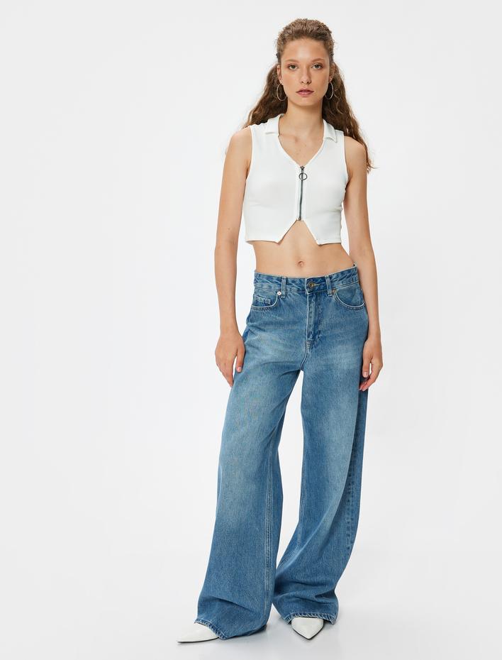  Crop Üst Polo Yaka Fermuar Detaylı Kolsuz Slim Fit