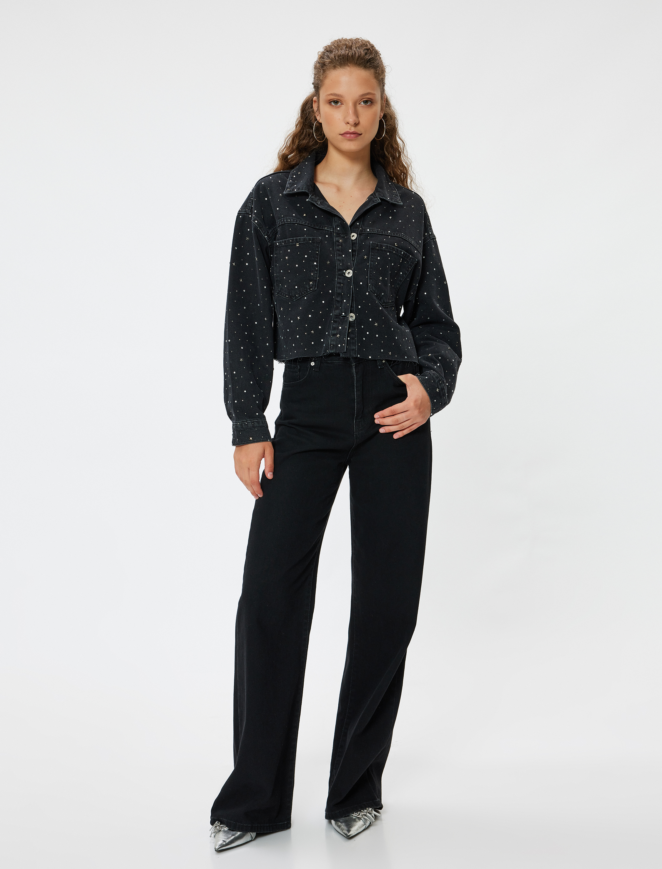   Oversize Taşlı Kot Ceket Cep Detaylı Klasik Yaka Düğmeli